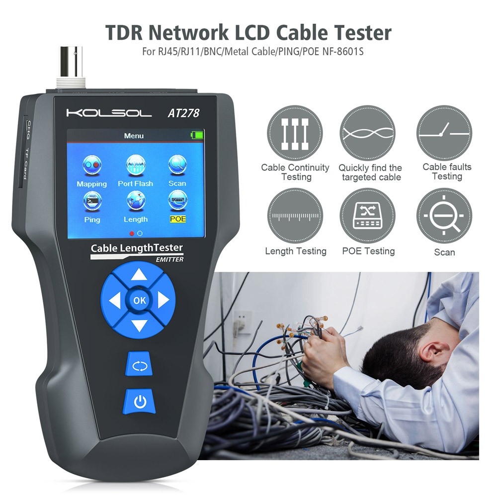 Network Cable Tester TDR Multi-functional LCD Tracker For RJ45 RJ11 BNC PING POE