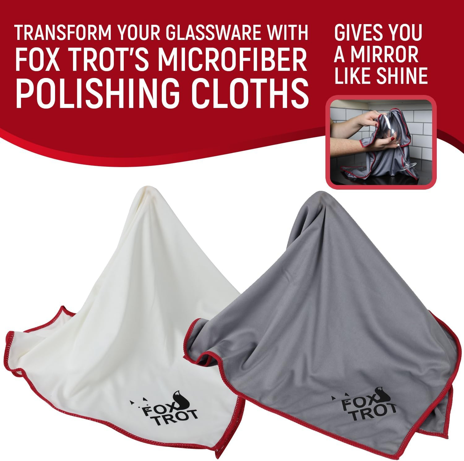 Polishing Cloths 2 Pack Large Microfiber White & Gray for Wine Glasses, Stemware