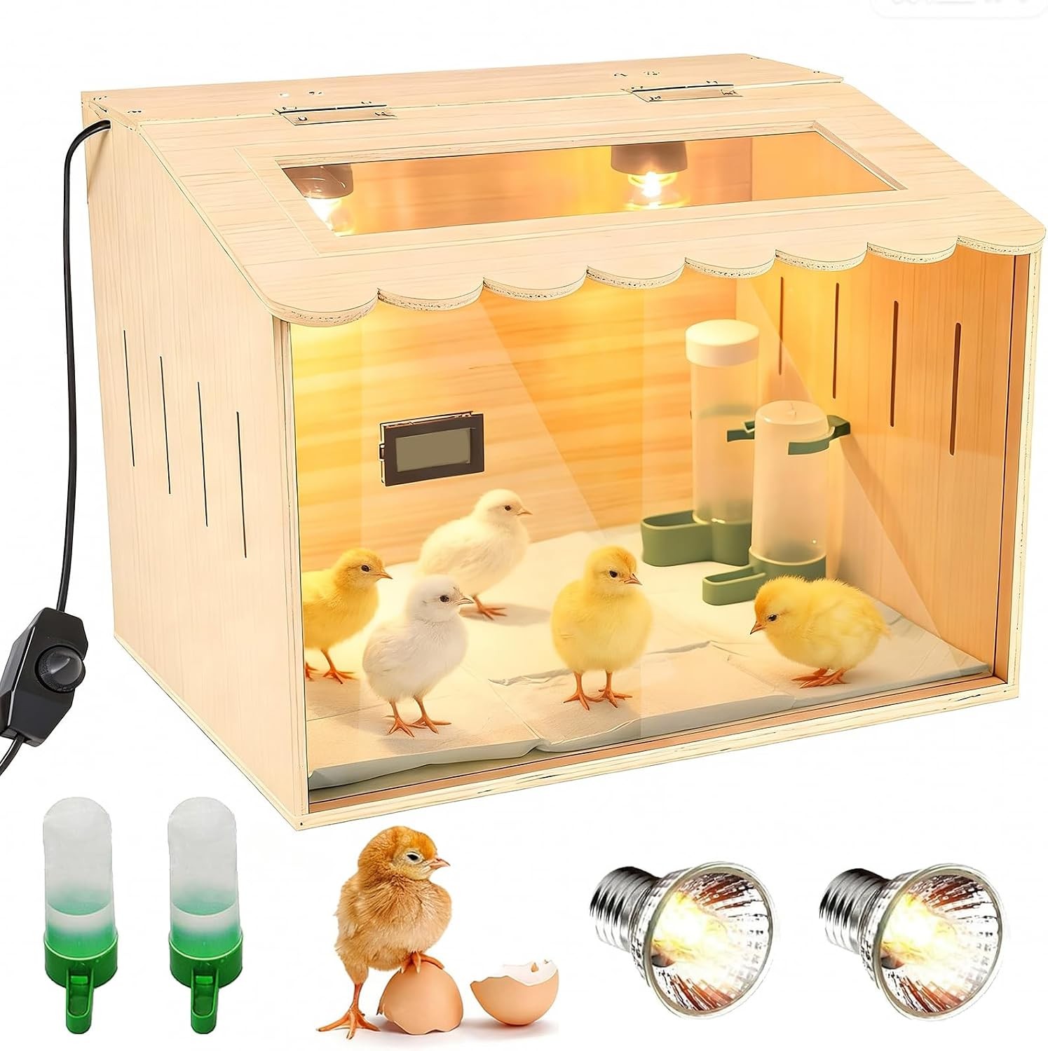 Wooden Chick Brooder Box Heater Thermometer Feeder Waterer Poultry