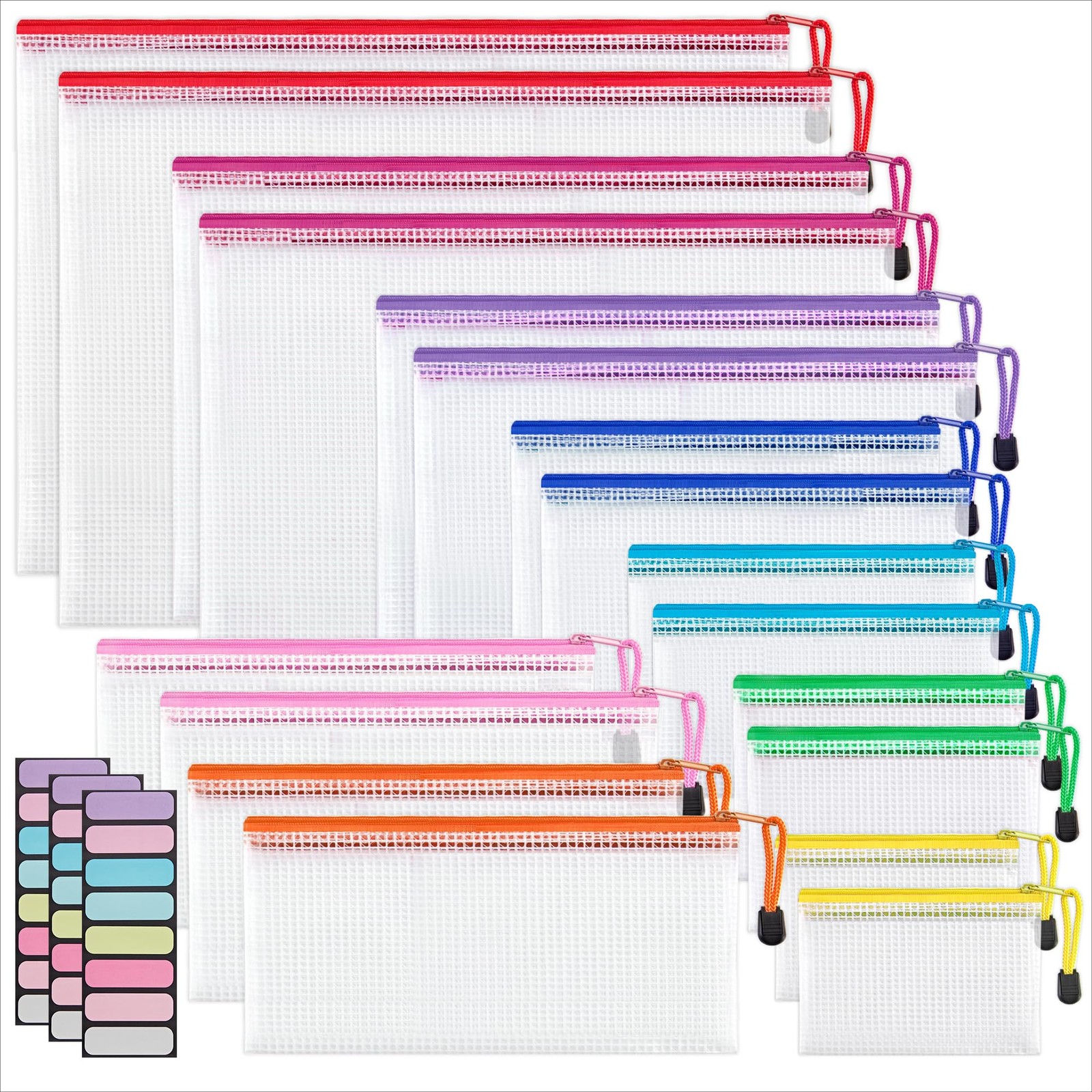 18 Pack 8 Sizes Mesh Pouch, 9 Colors, Waterproof Zipper Bags Document Multipu...