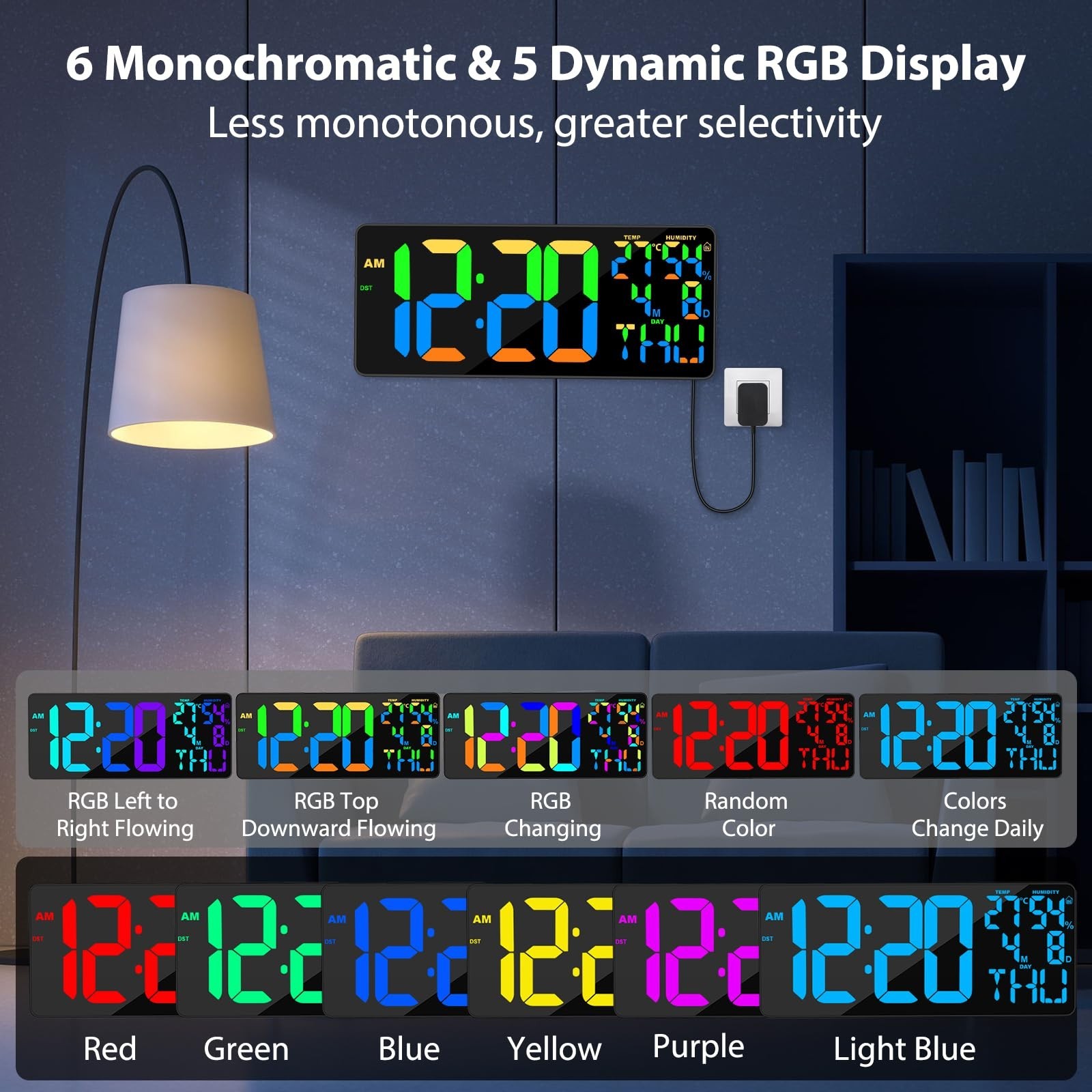 [Oversized] 18" Digital Wall Clock Large Display, 11 RGB Color Changing Large...