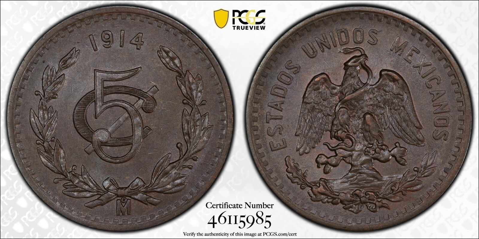MEXICO ESTADOS UNIDOS 1914  5 CENTAVOS COIN PCGS CERTIFIED UNCIRCULATED MS64-BN