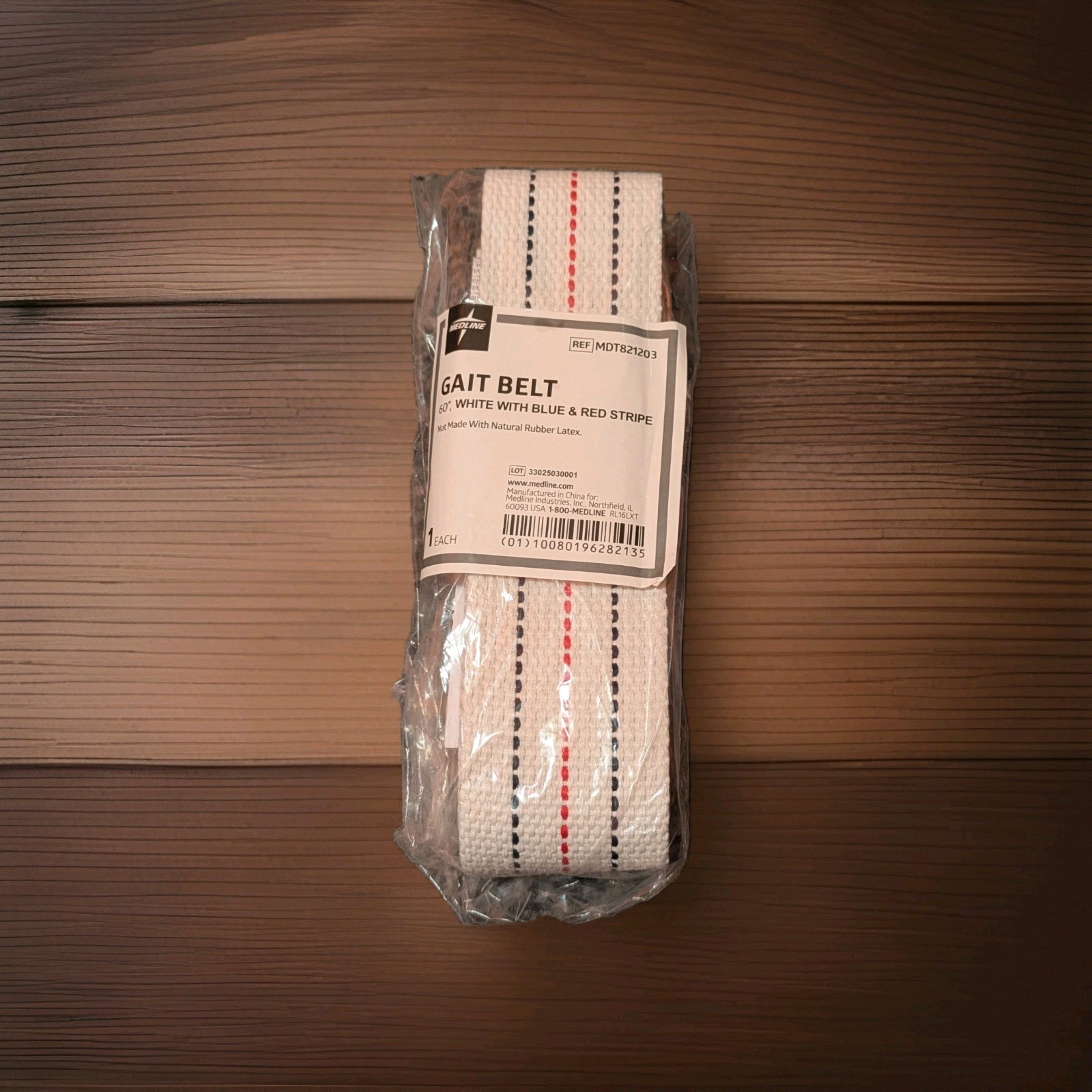 Medline 60" Gait Belt White with Blue and Red Stripe
