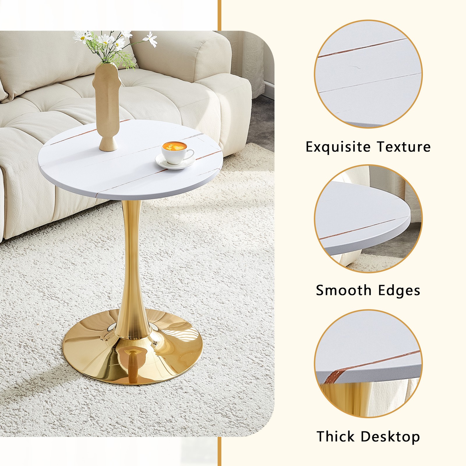 Round Dining Table, 23.6" Circle Tulip Table with Thickened Tabletop & Metal P