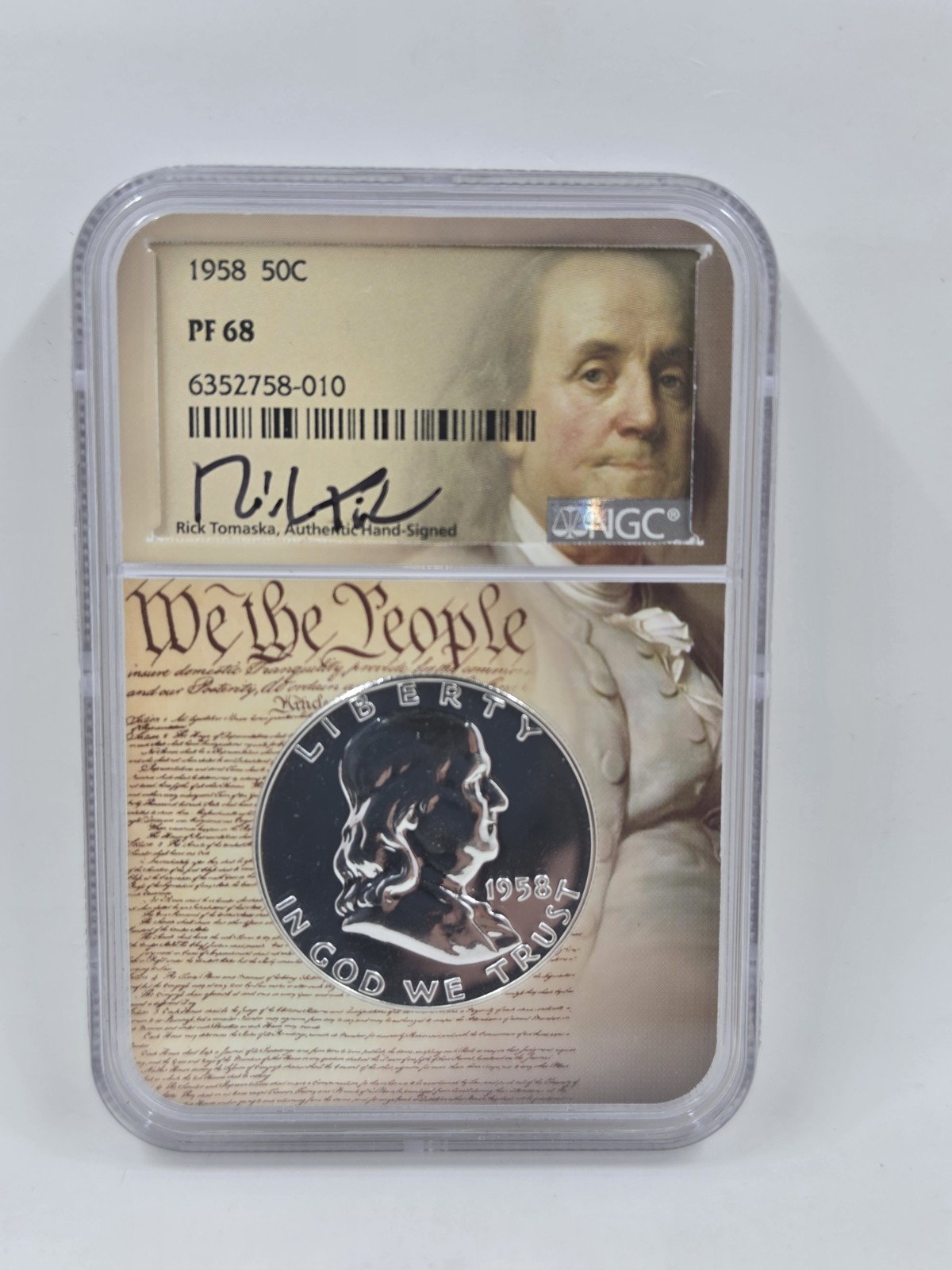 1958 NGC PT-68 Ben Franklin $ .50C Hand Signed by Rick Tomaska