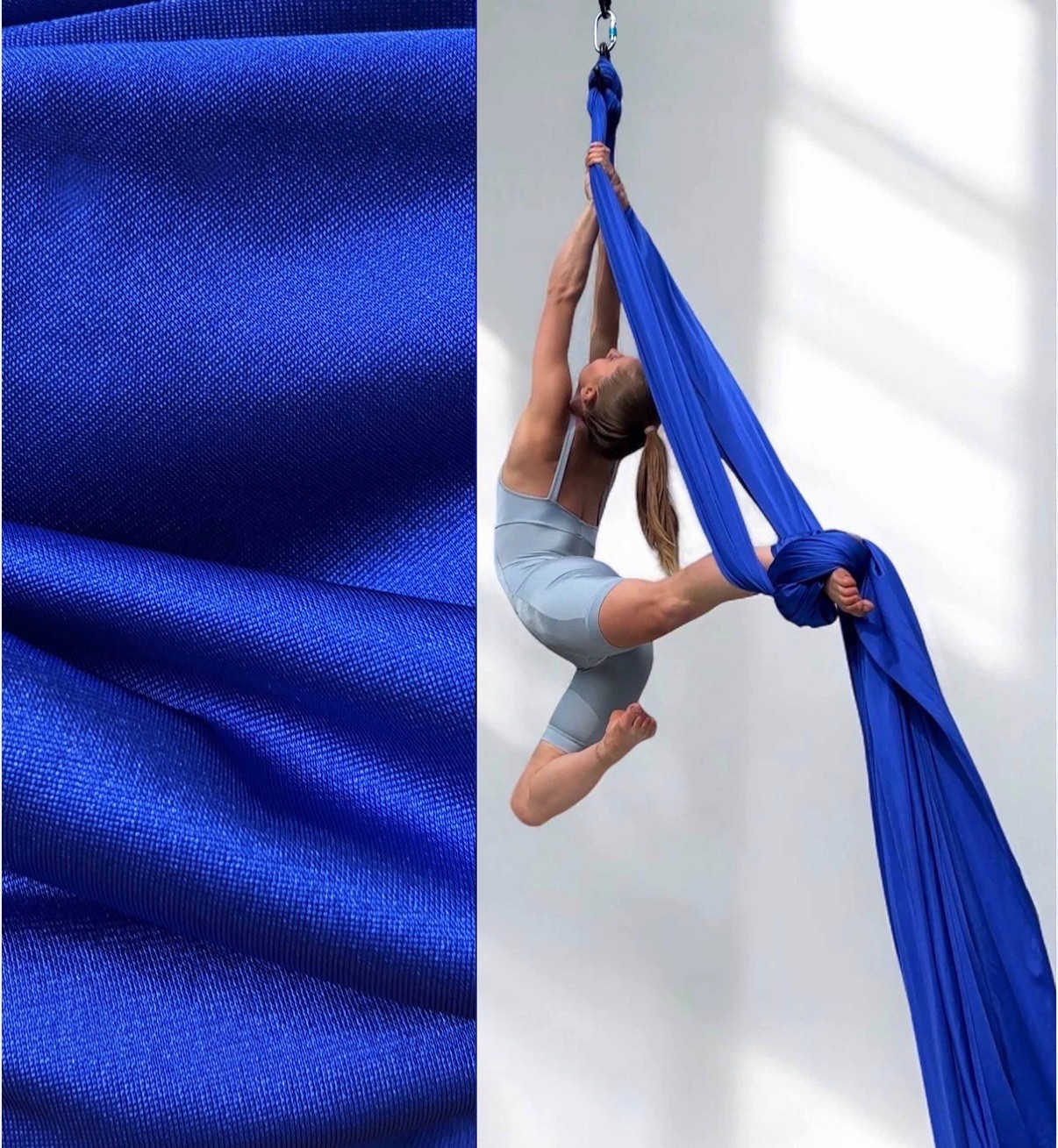 Aerial silk, blue, ~14M, medium stretch, with 8 figure