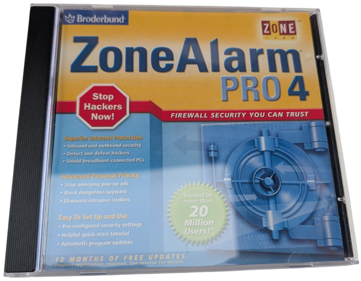 ZoneAlarm Pro 4 Firewall Zone Labs Broderbund PC CD ROM Windows XP 98SE 2000