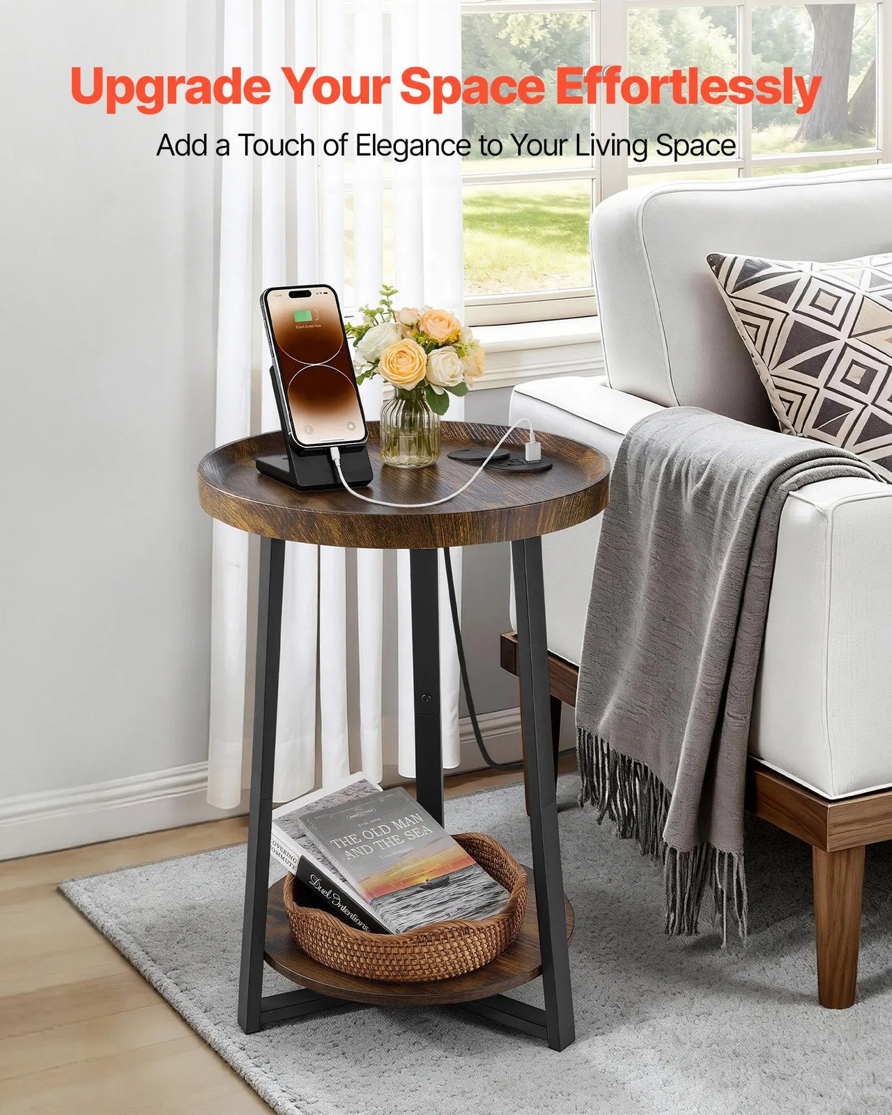 End Table, 2-Tier Round Side Table with Open Storage Shelves, Modern Nightstand