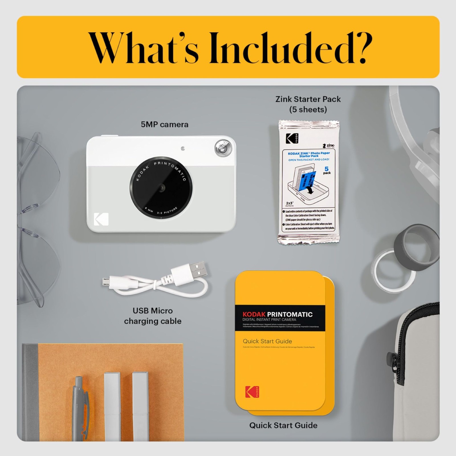 KODAK Printomatic Full-Color Instant Print Camera Gift Bundle + Soft Grey