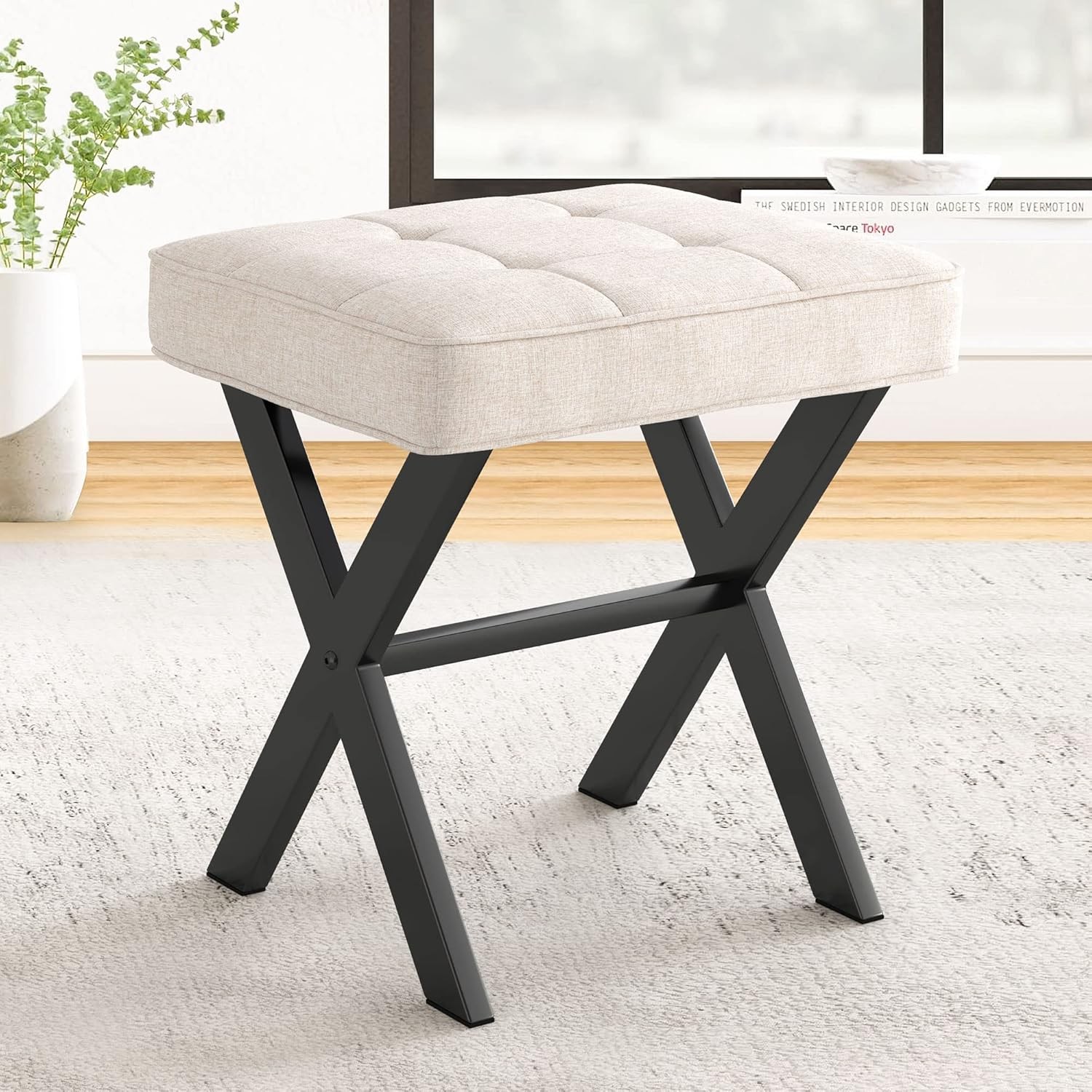 Ottoman Foot Stool Vanity Stool Square Linen X-Leg Foot Rest Ottoman Makeup