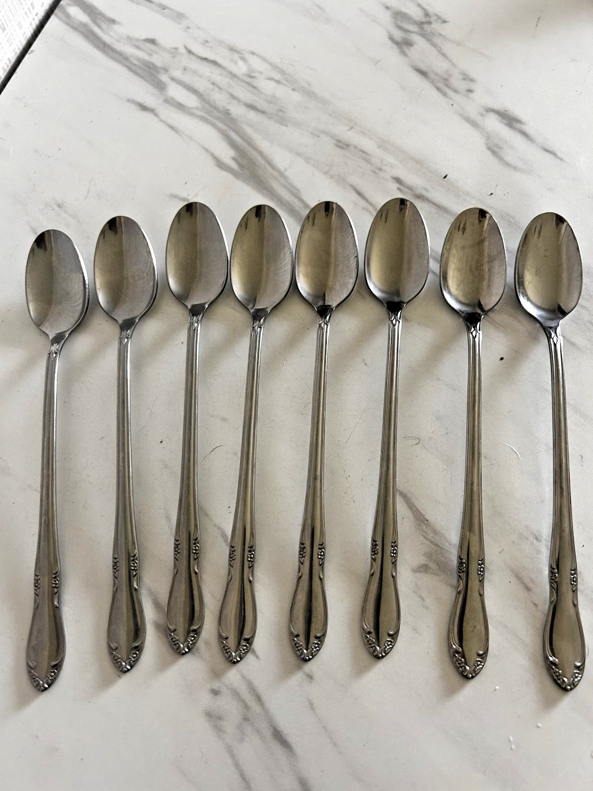 Vintage Oneida Stainless Steel Chateau Flatware Iced Teaspoons Floral Set of 8 A