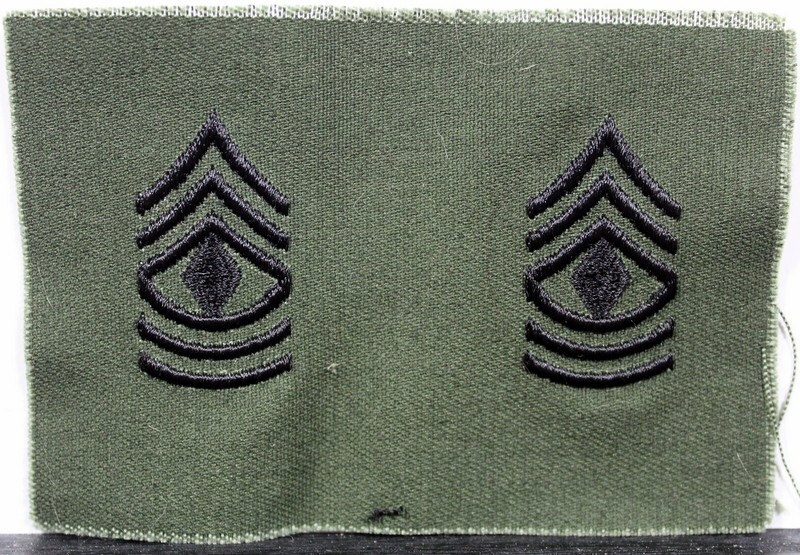 US Army Collar First Sergeant OD Fatigue Subdued Rank Insignia Cloth Pair