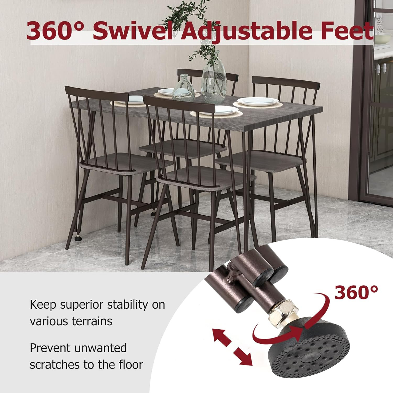 Dining Table Set for 4, Kitchen Table and Chairs Set of 4 W/Metal Frame, 360° Sw