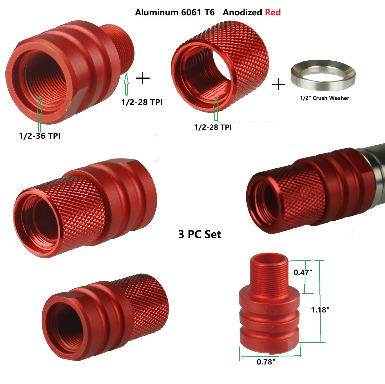 Red 1/2x36 Female Thread To 1/2x28 Male Thread Muzzle Adapter+Thread Protector