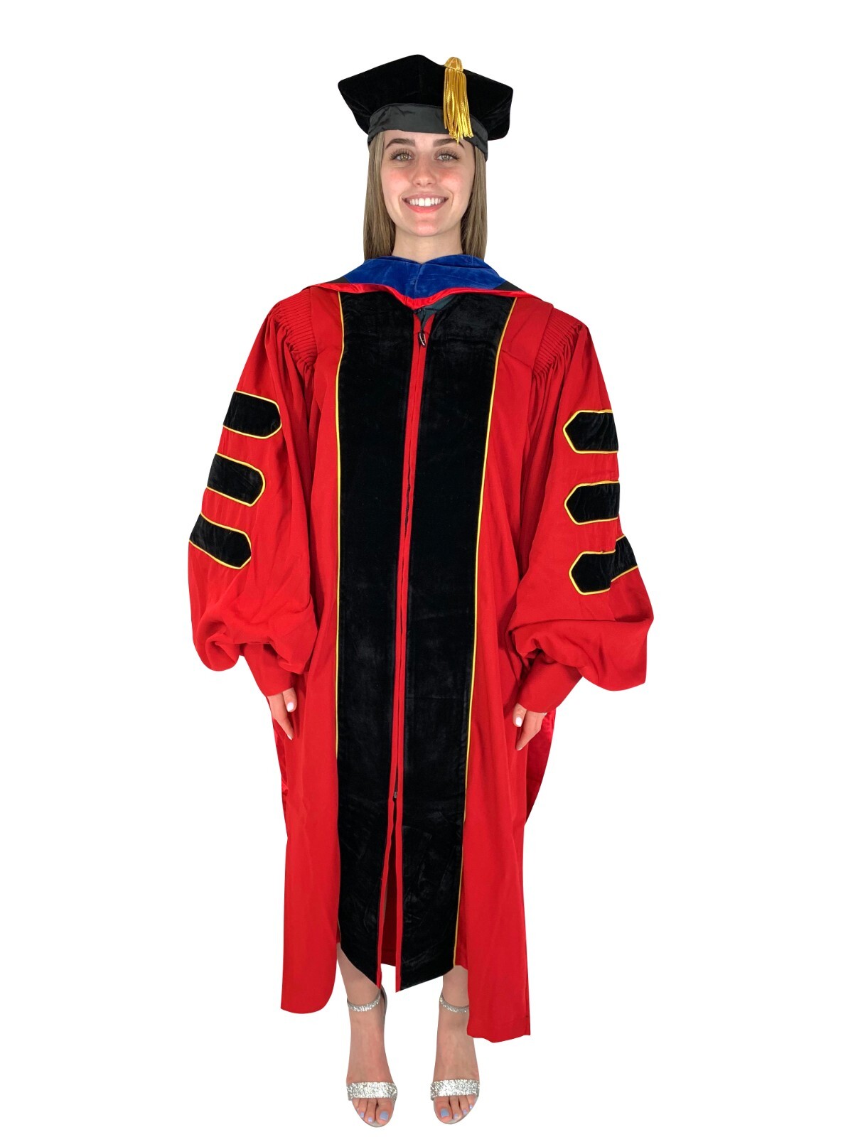Red Doctoral Regalia Deluxe Set | Doctoral Gown w/Gold Piping, Hood & Tam