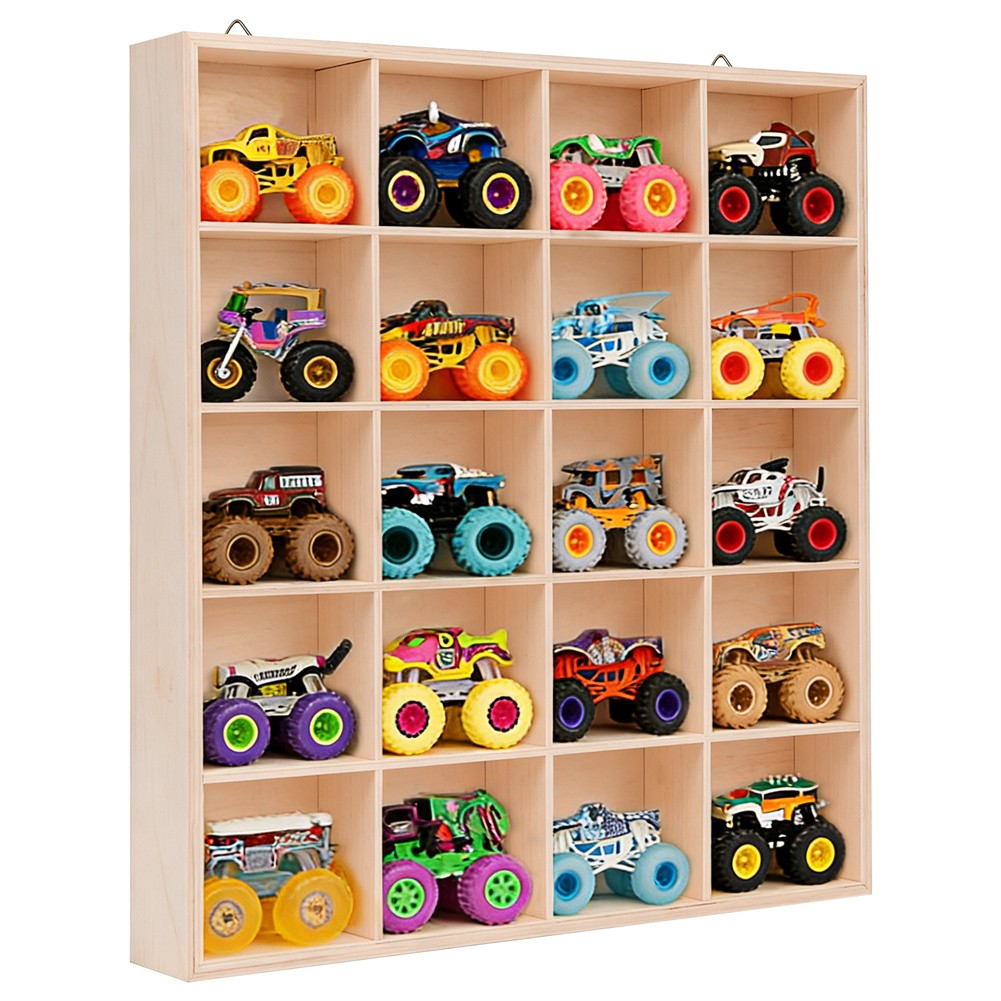 Wood Display Case 20-Slot Organizer for Monster Trucks Storage Wall-Mountable