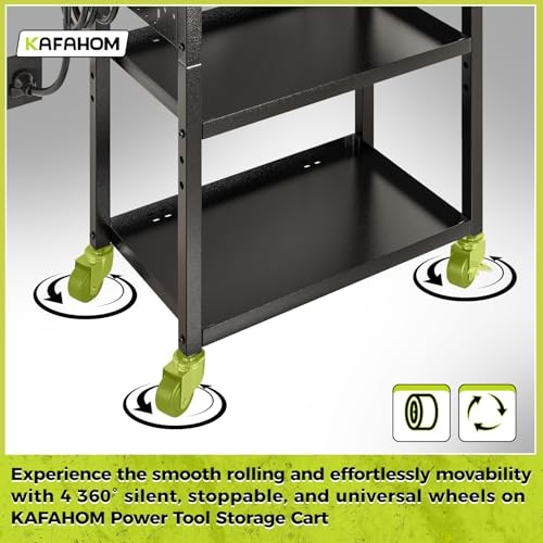 Power Tool Cart with Charging Station, Rolling Black-with Drawer and Power