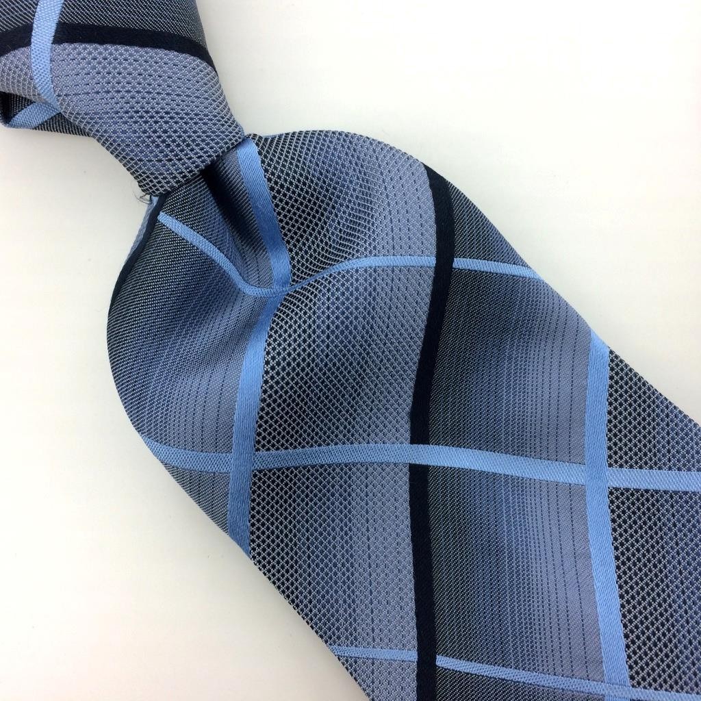 Kenneth Cole Neck Tie Sky Blue Gray Black Silk Woven Plaid Cross Stripe Grid#I23