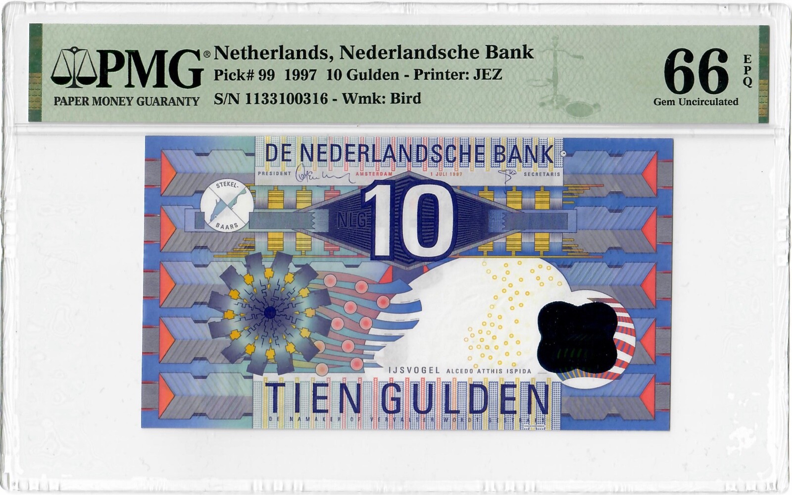 Netherlands 10 gulden 1997, PMG 66 EPQ, "Nederlandsche Bank" Pick# 99