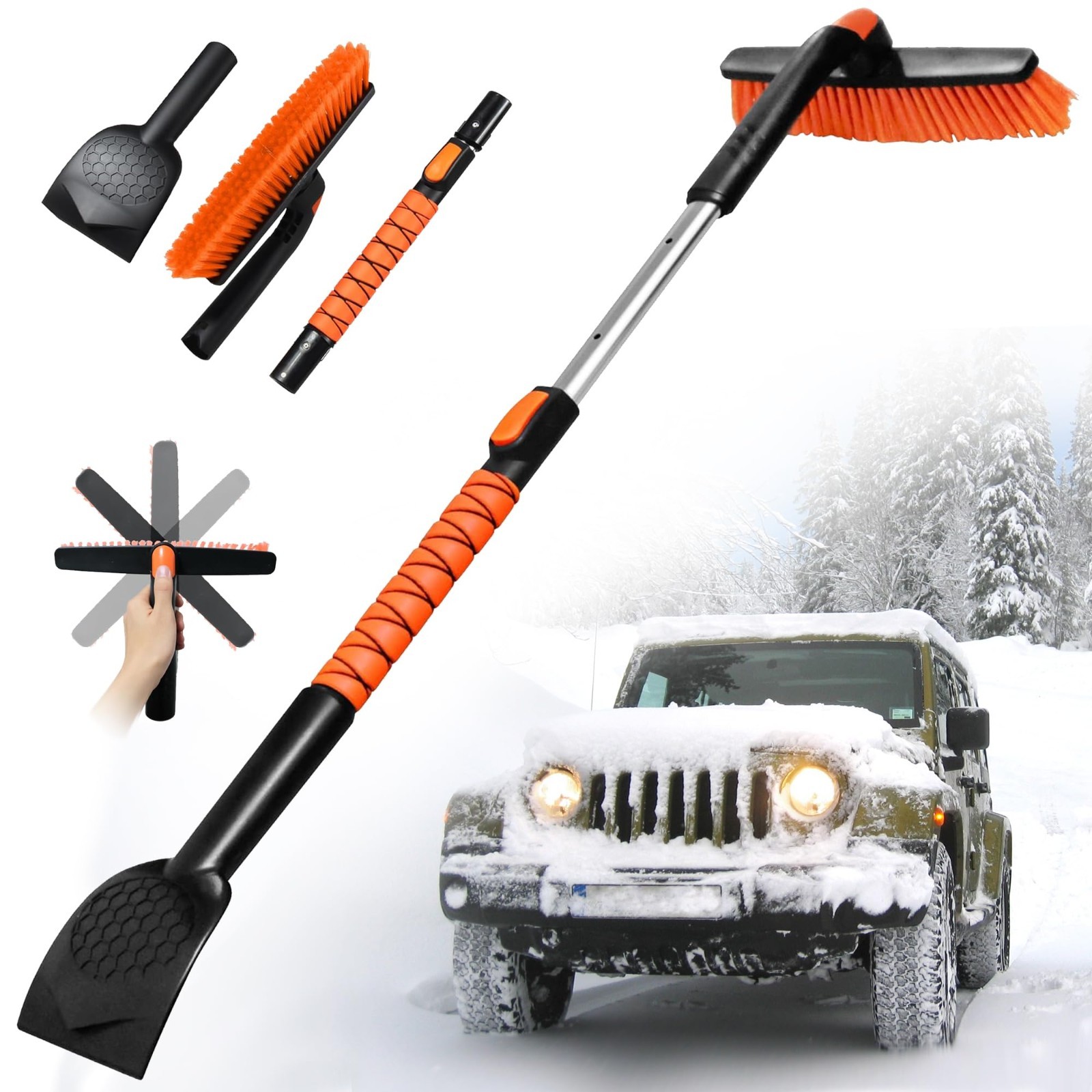 45" Extendable Snow Brush & Ice Scraper for Car Windshield, 360° Pivot Head, Sil