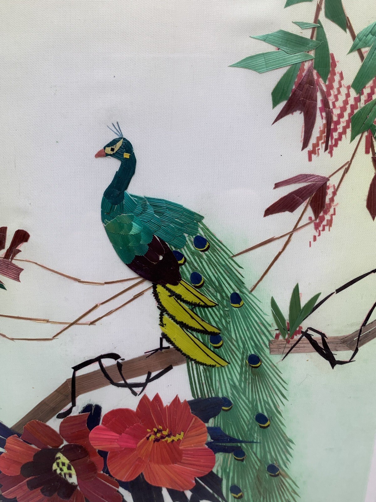 Vintage Oriential Mixed Media Organic Bamboo Peacock Floral Flowers Collage Art