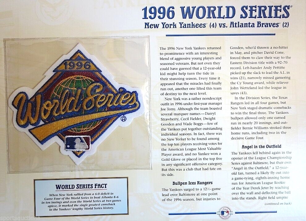 1996 WORLD SERIES ~ NEW YORK YANKEES / ATLANTA BRAVES Willabee & Ward PATCH CARD