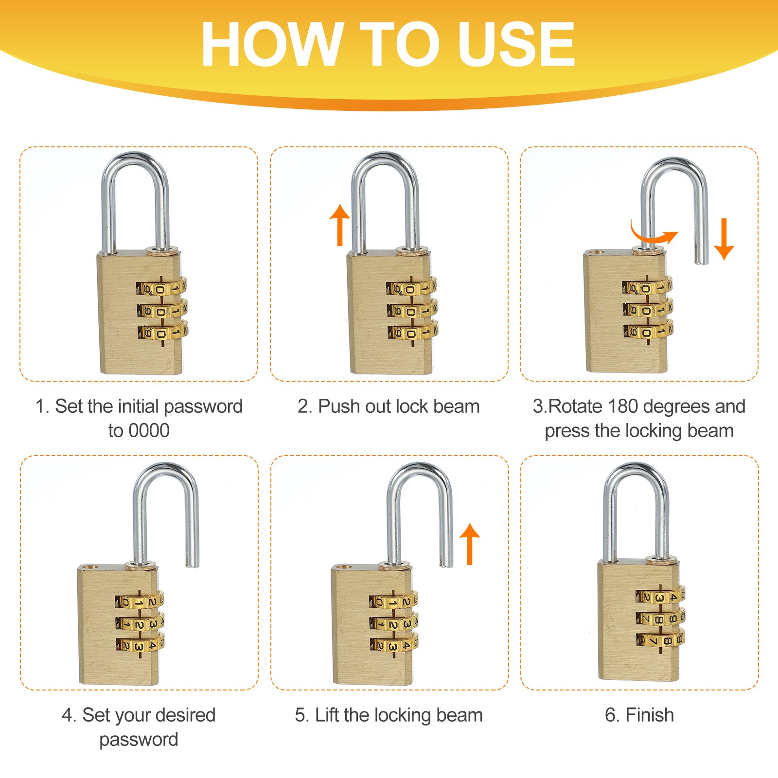 Brass Combination Lock 2.8", 3 Digit Resettable Combination Padlock Gold