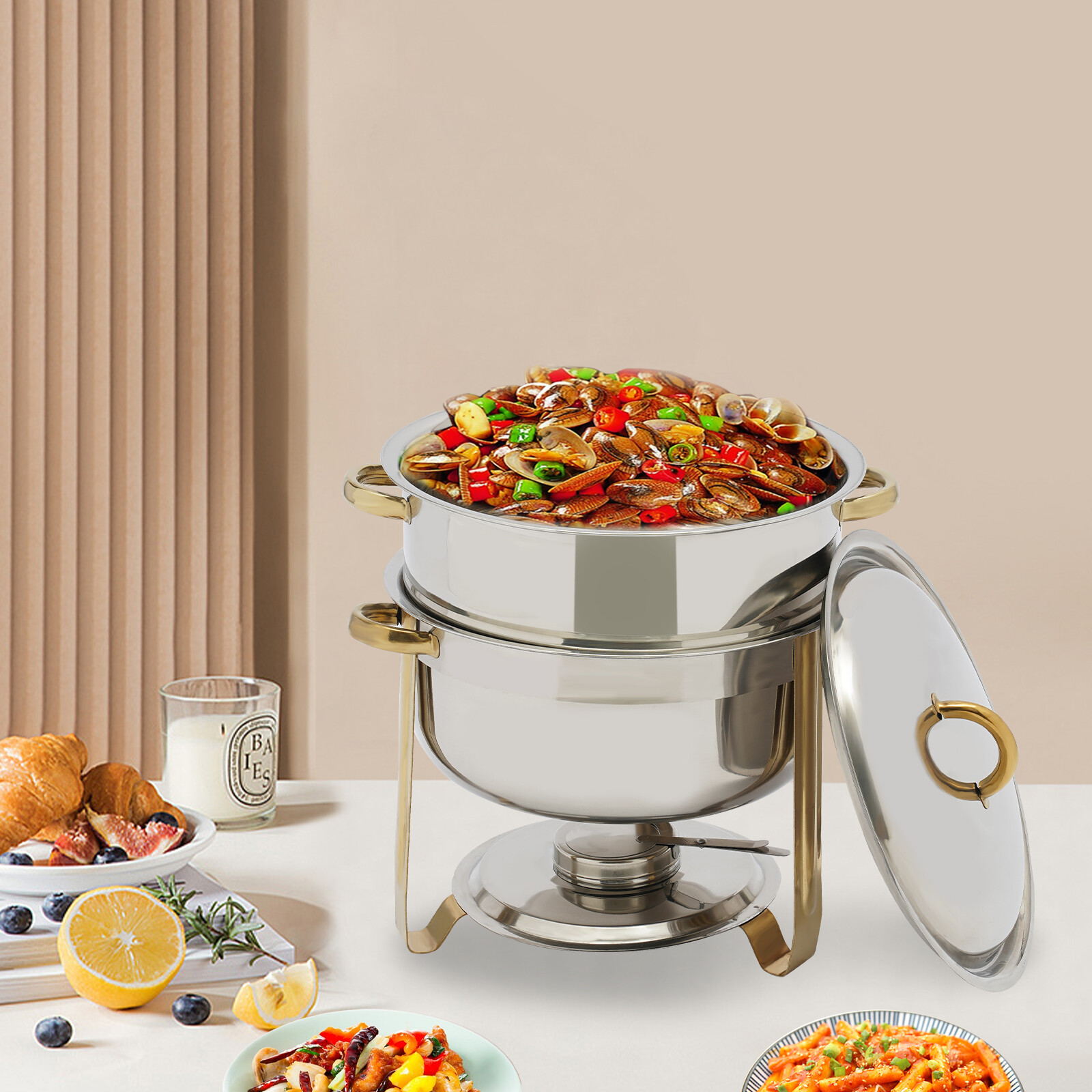 14 Qt Golden Stainless Steel Round Chafer Chafing Dish Set Full Size Warmer Pot