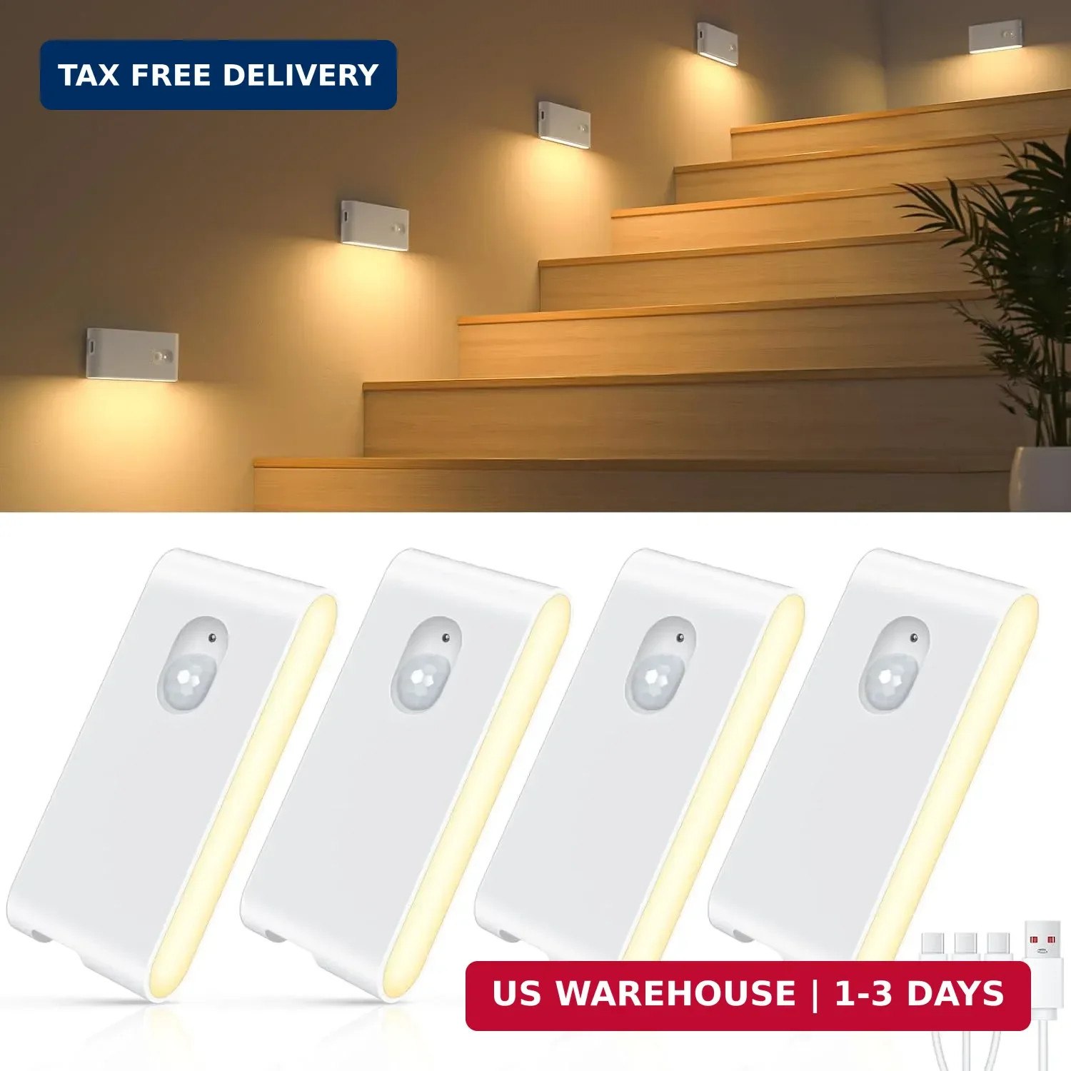 WILLED Stair Lights Indoor,Warm White Rechargeable Night Light,Wireless Motion S