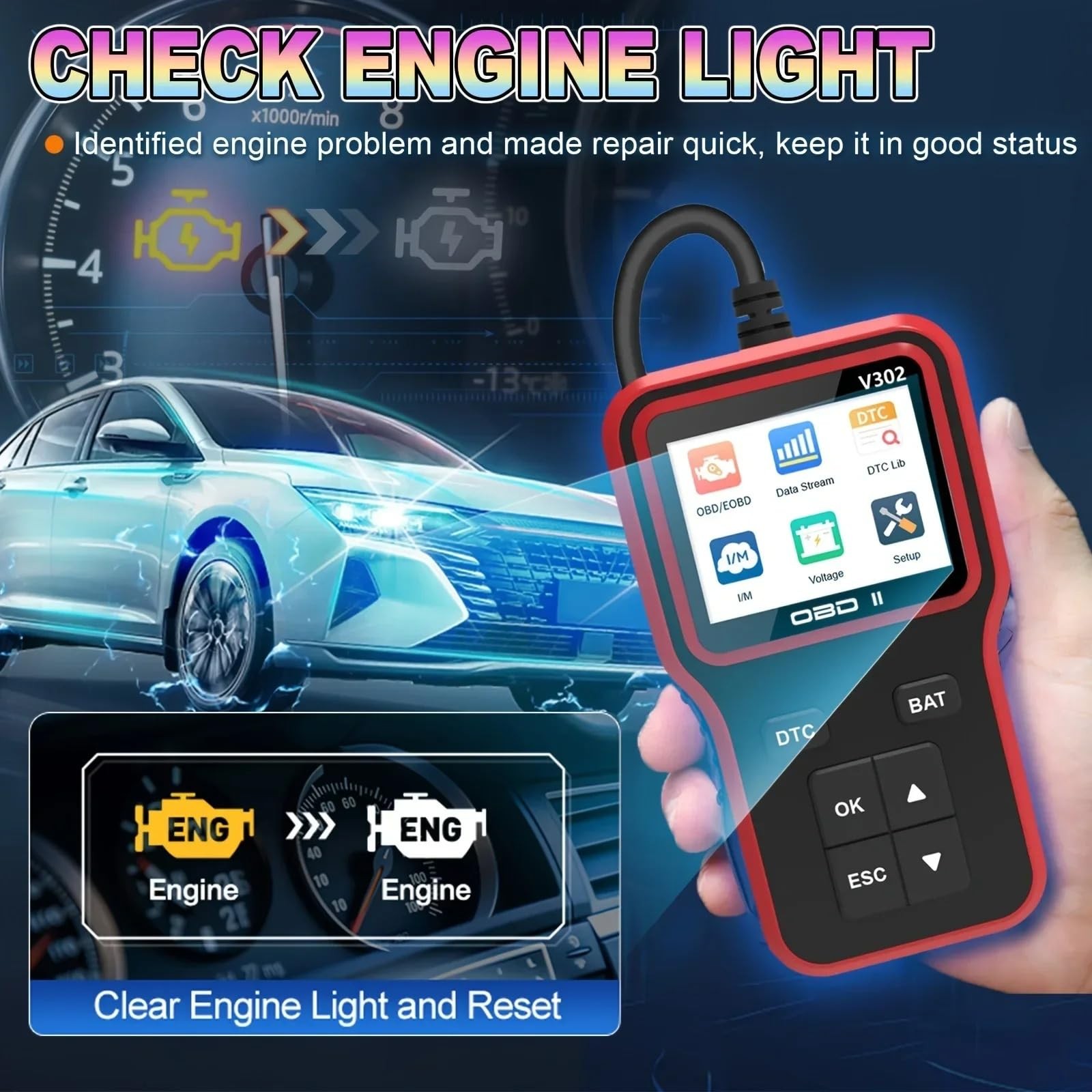 OBD2 Scanner Car Code Reader Battery Voltage Test O2 Sensor Live Data EVAP Test