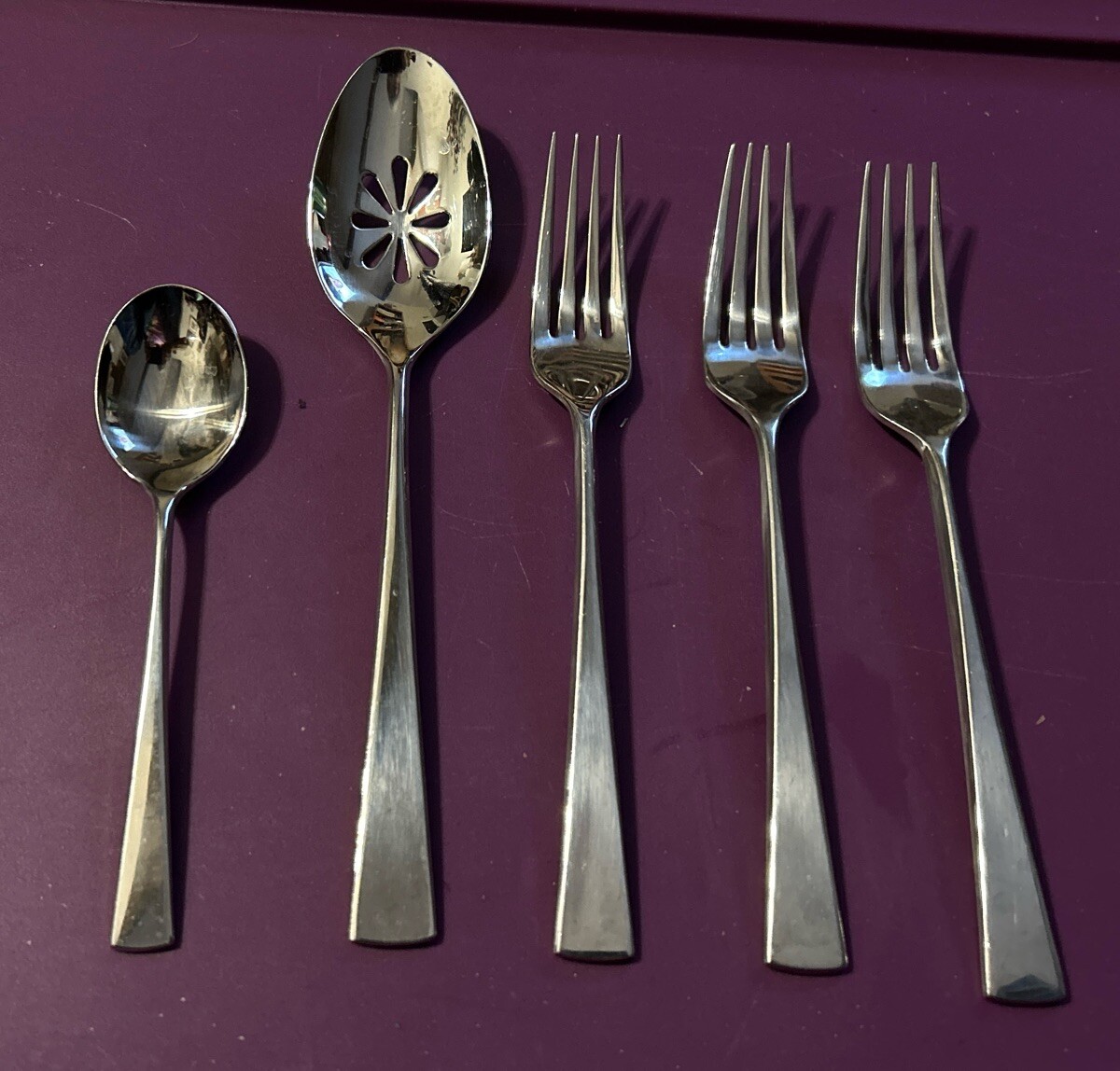 5 Pc Mikasa LUCIA Stainless Flatware Glossy Flat Tip Dinner Fork Pierced Spoon