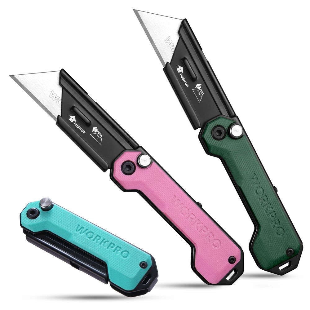 WORKPRO 3PCS Folding Utility Knife Box Cutter G10 Handle Axis Quick Change Blade