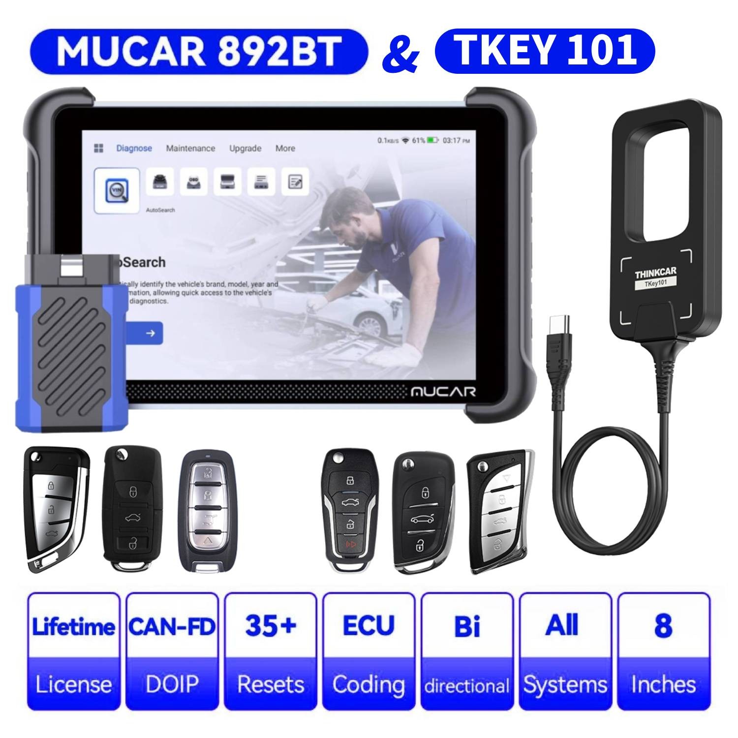 MUCAR 892BT+Thinkcar TKEY101 OBD2 Car Key Programmer Tool Bidirectional Scan Kit