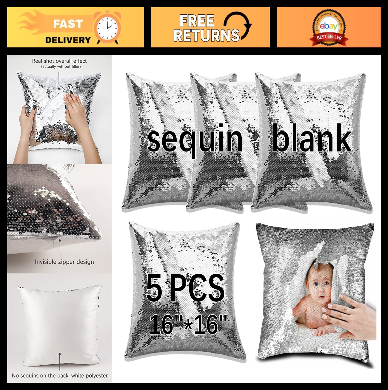 Reversible Mermaid Sequin Pillow Case Blanks 16"x16" - Customizable Decorative C