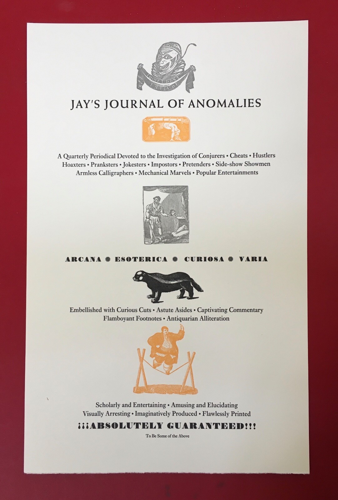 Ricky Jay - Rare Letterpress advertising sheet for Jay's Journal of Anomalies
