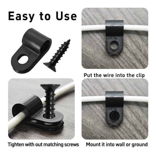 100Pcs R-Type Cable Clips Black Nylon Plastic Wire Clamps with Mounting 1/4"