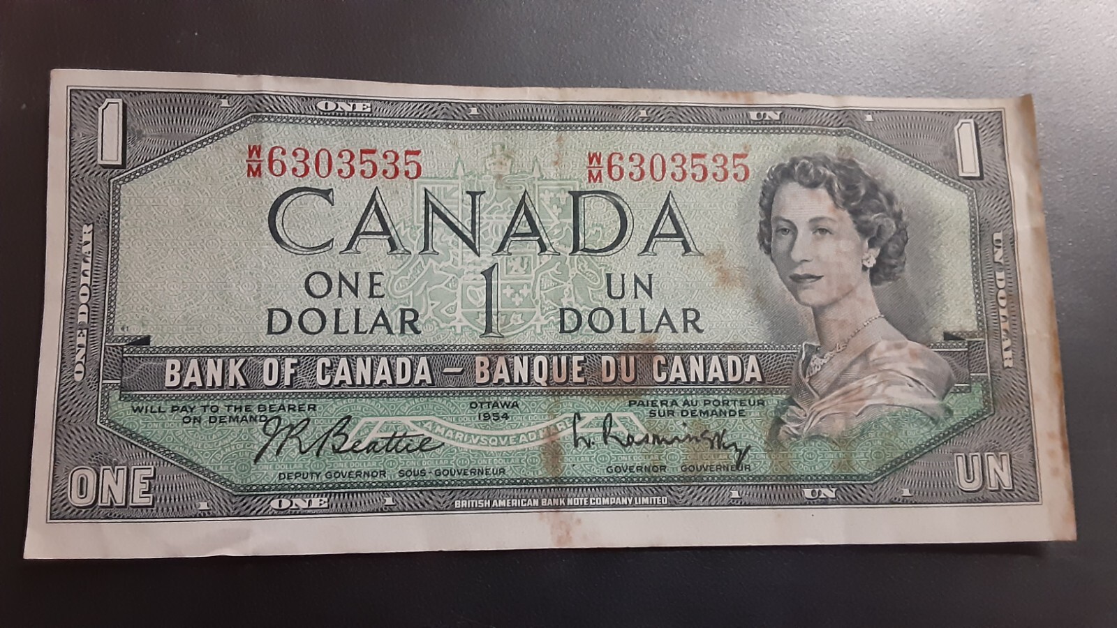 1954 Bank of Canada (Beattie/Rasminsky) W/M6303535 1 Dollar circulated banknote