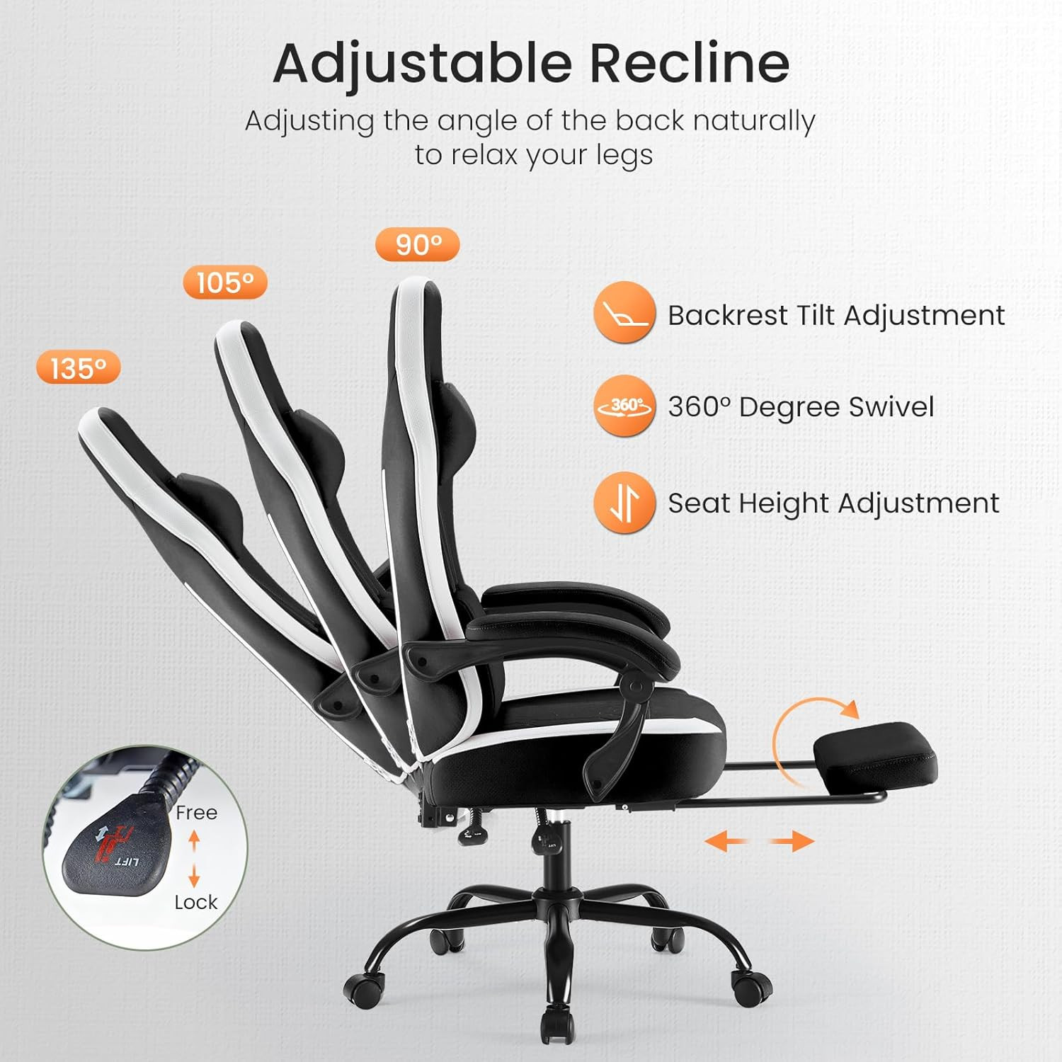 Computer Gaming Chair - Ergonomic Desk Chair with Footrest and Lumbar Support, H