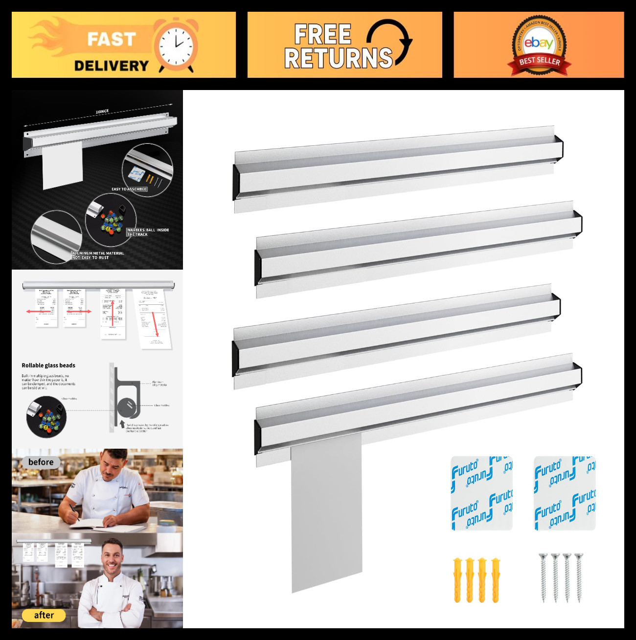 4 Pack 16" Aluminum Ticket Holder - Kitchen Order Slide Rack for Restaurant & Ca