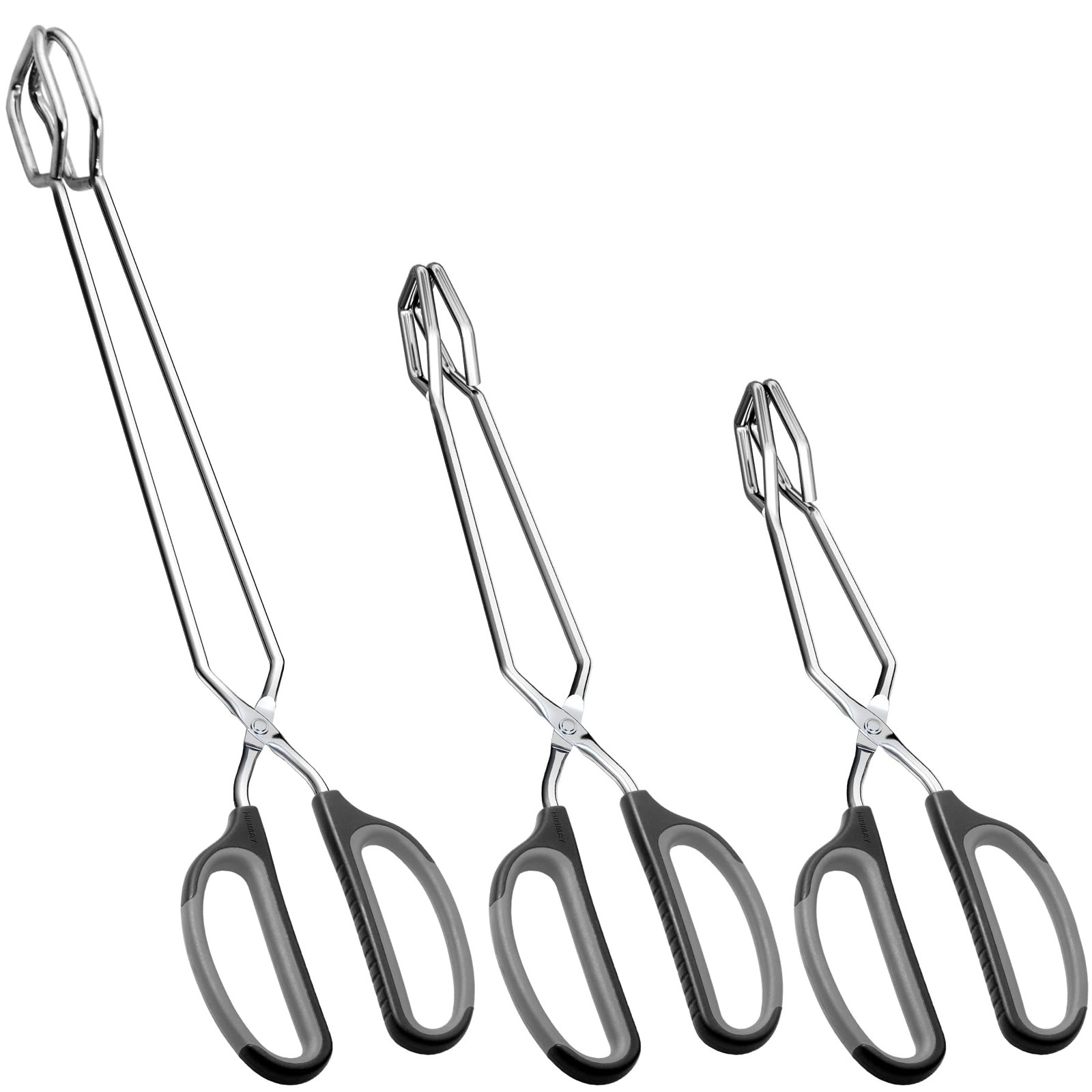 HINMAY Stainless Steel Scissor Tongs Set, 3 Pack, Black Handle, 10~16 in
