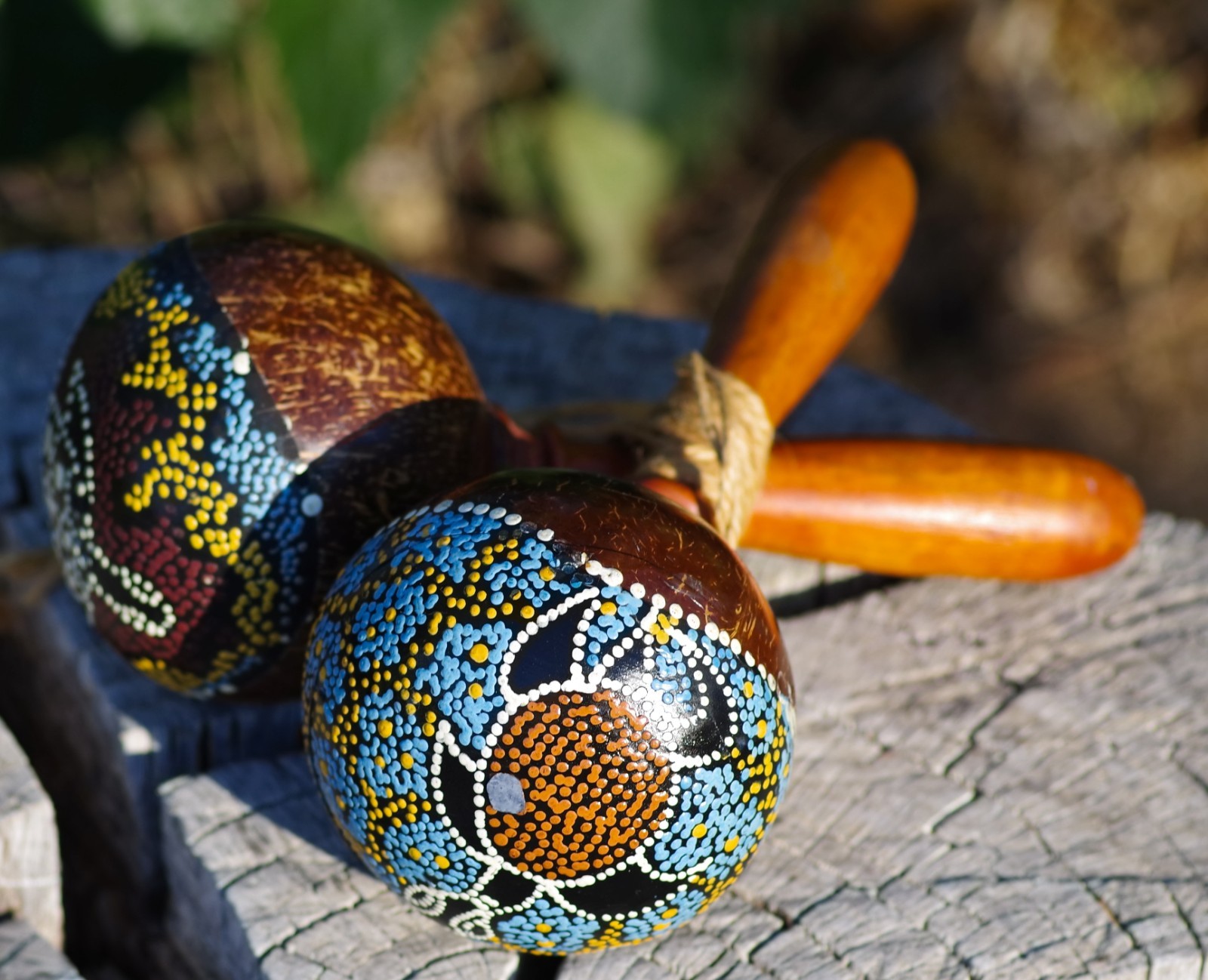 VINTAGE Hand Painted Coconut Shell Maracas Set of 2 Folk Art 1970's