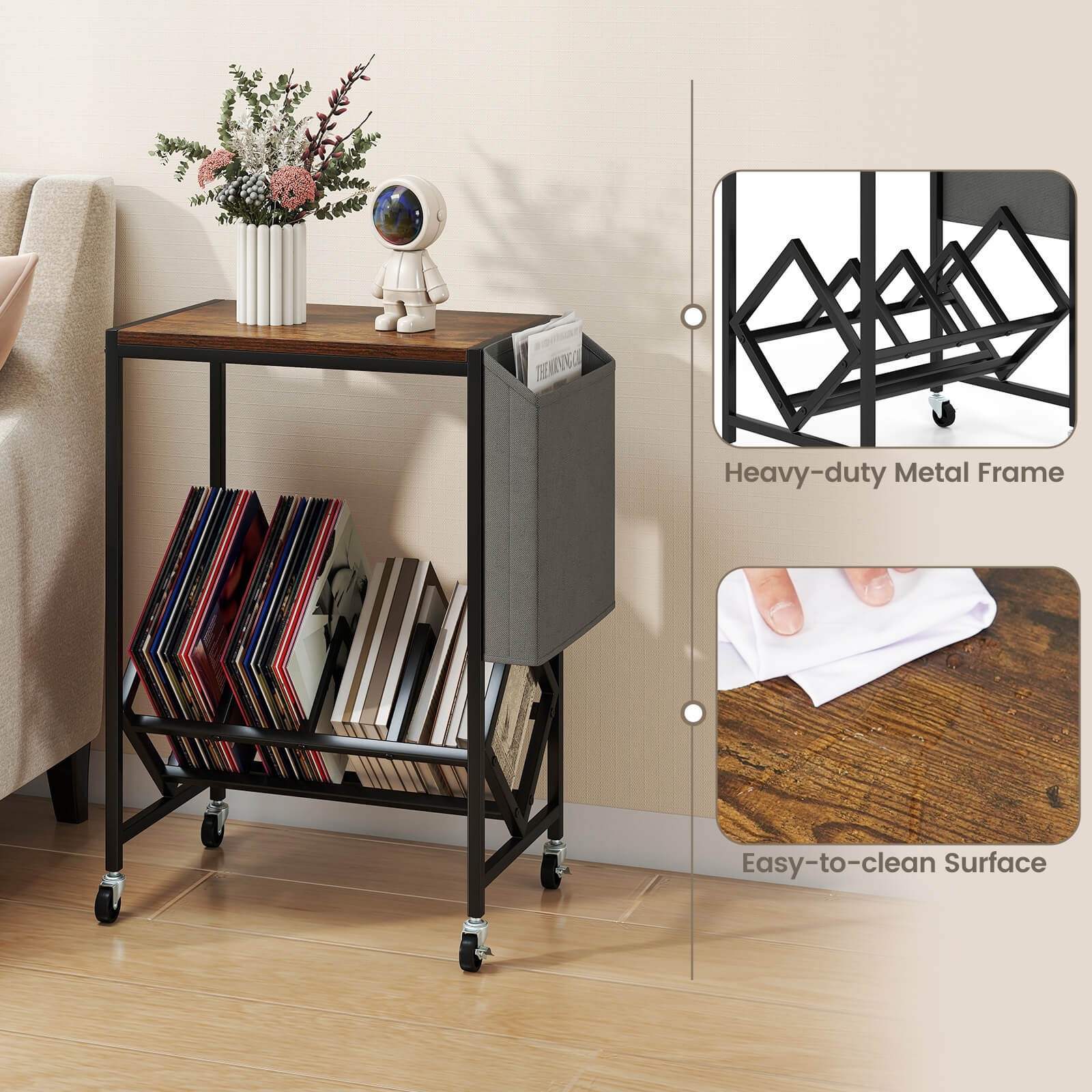 Record Player Stand w/Vinyl Record Storage & Side Storage Pouch, Swivel Wheels