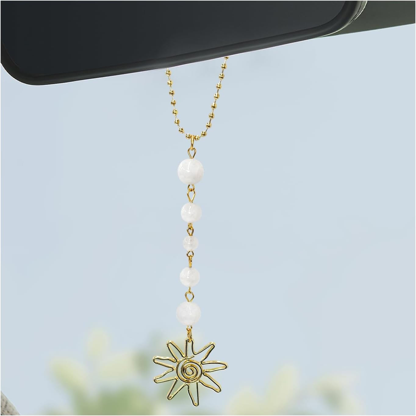 Sun Hanging Car Charm, Rear View Mirror Cute Boho Dangling Sun Ca Color: White