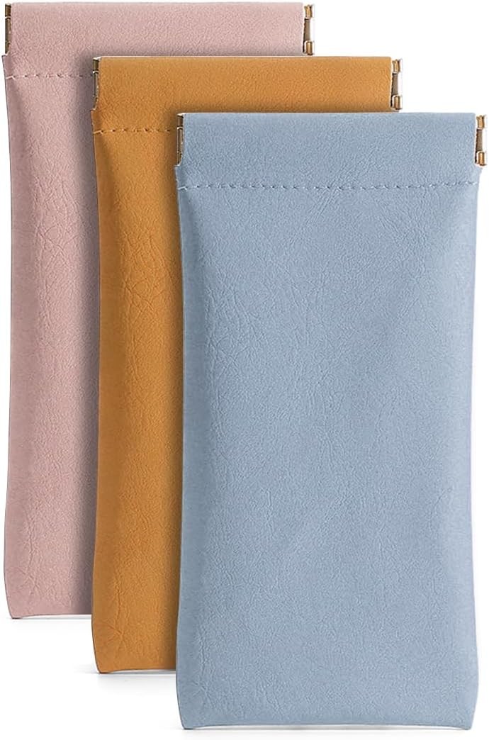 3 Pack Leather Eyeglasses Cases PU Soft Sunglasses Pouch Squeeze Top Portable Gl