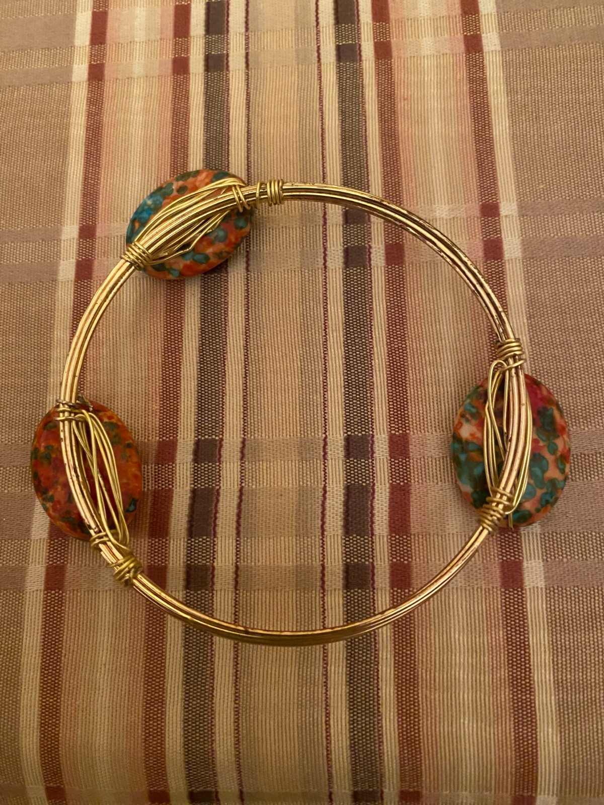 Handcrafted Wire Wrapped Bangle Bracelet Three Oval Turquoise or Reddish Orange