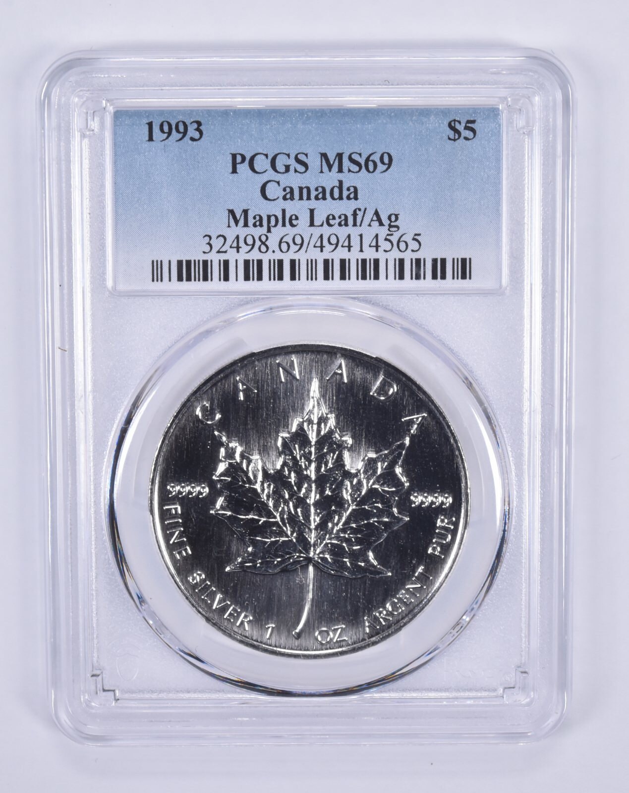 1993 Canada 5 Dollars Silver Maple Leaf MS69 PCGS Blue Label