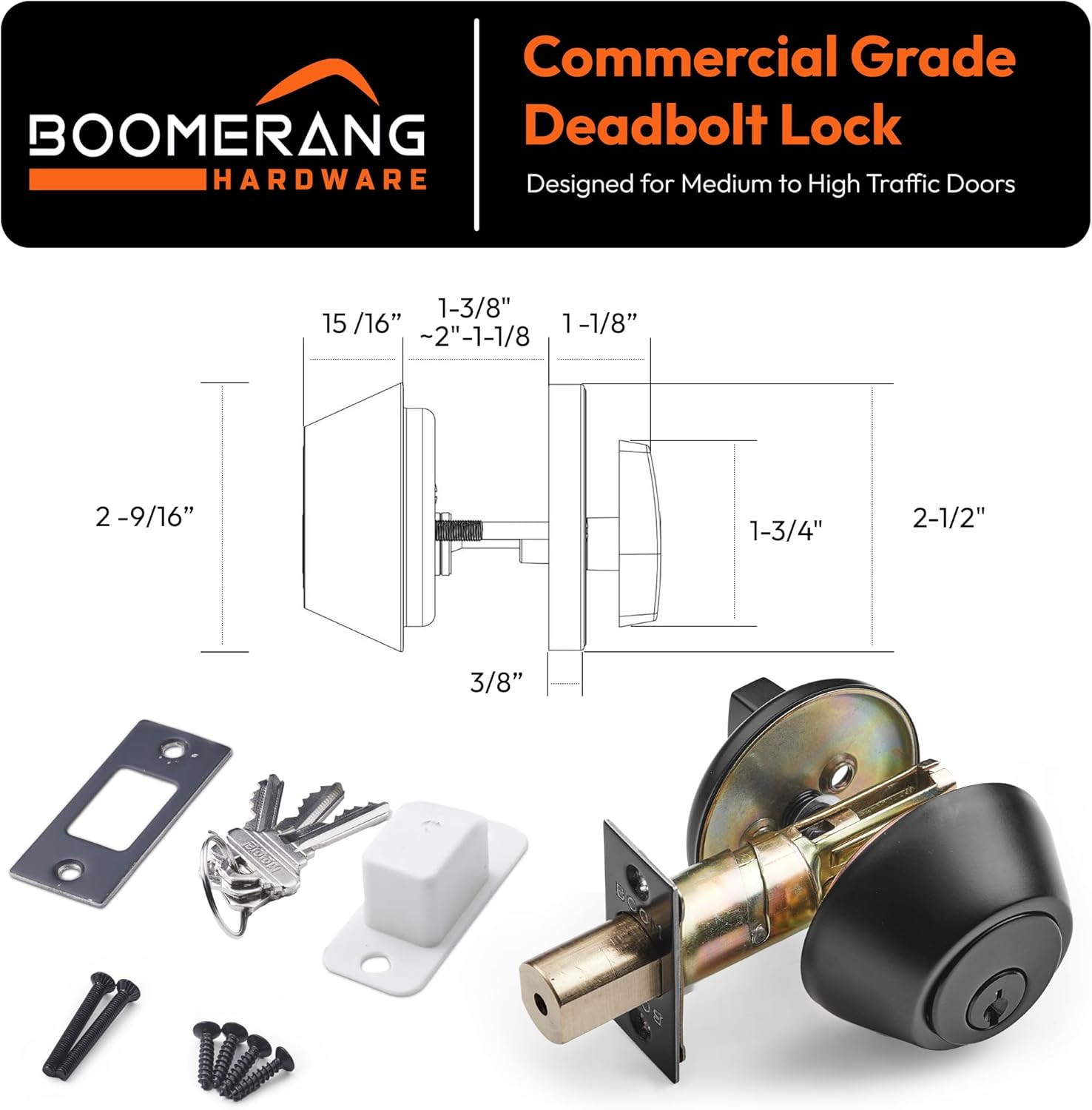 Matte Black Heavy Duty Designer Deadbolt Lock - Fire Rated, Grade 2
