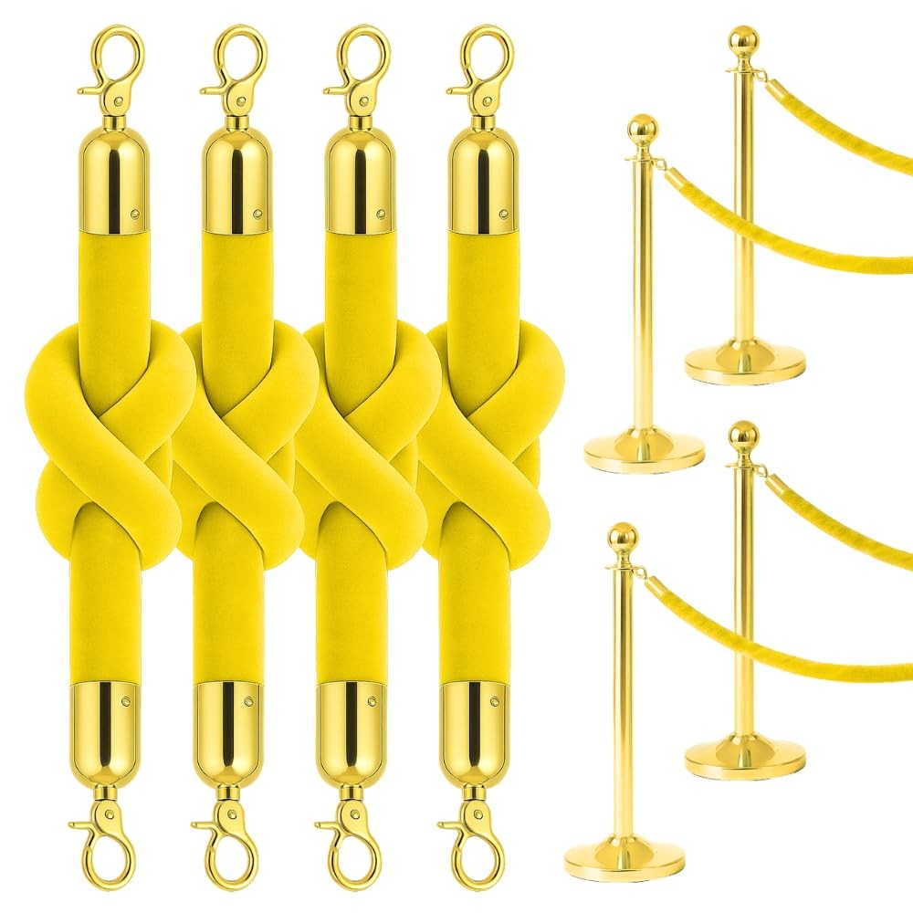 4 PCS Yellow Velvet Rope 5FT VIP Barrier Gold Hooks Thick Crowd Control Party