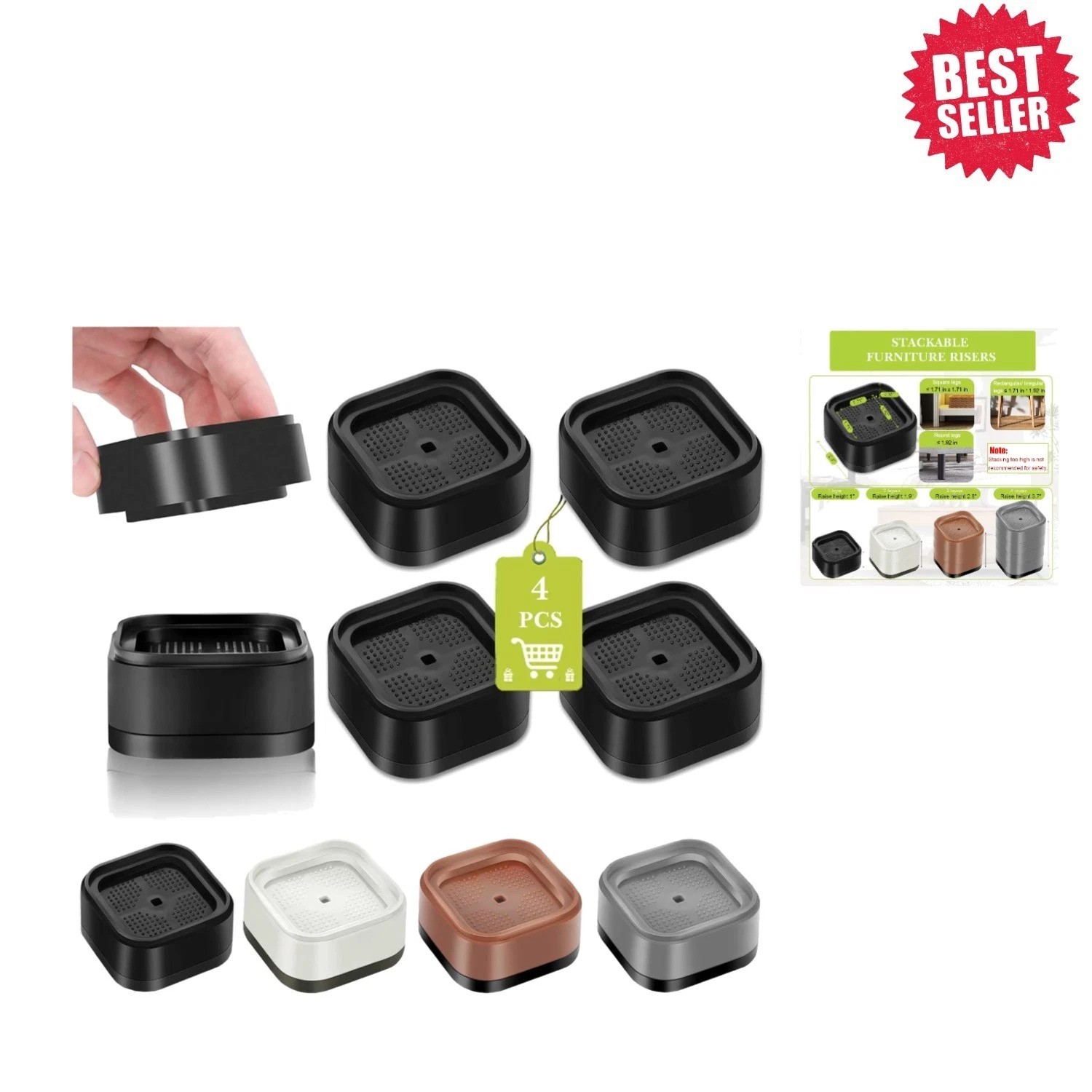 4 Pack of Anti-Slip Furniture Risers: Stackable Adjusters for Stability & Height