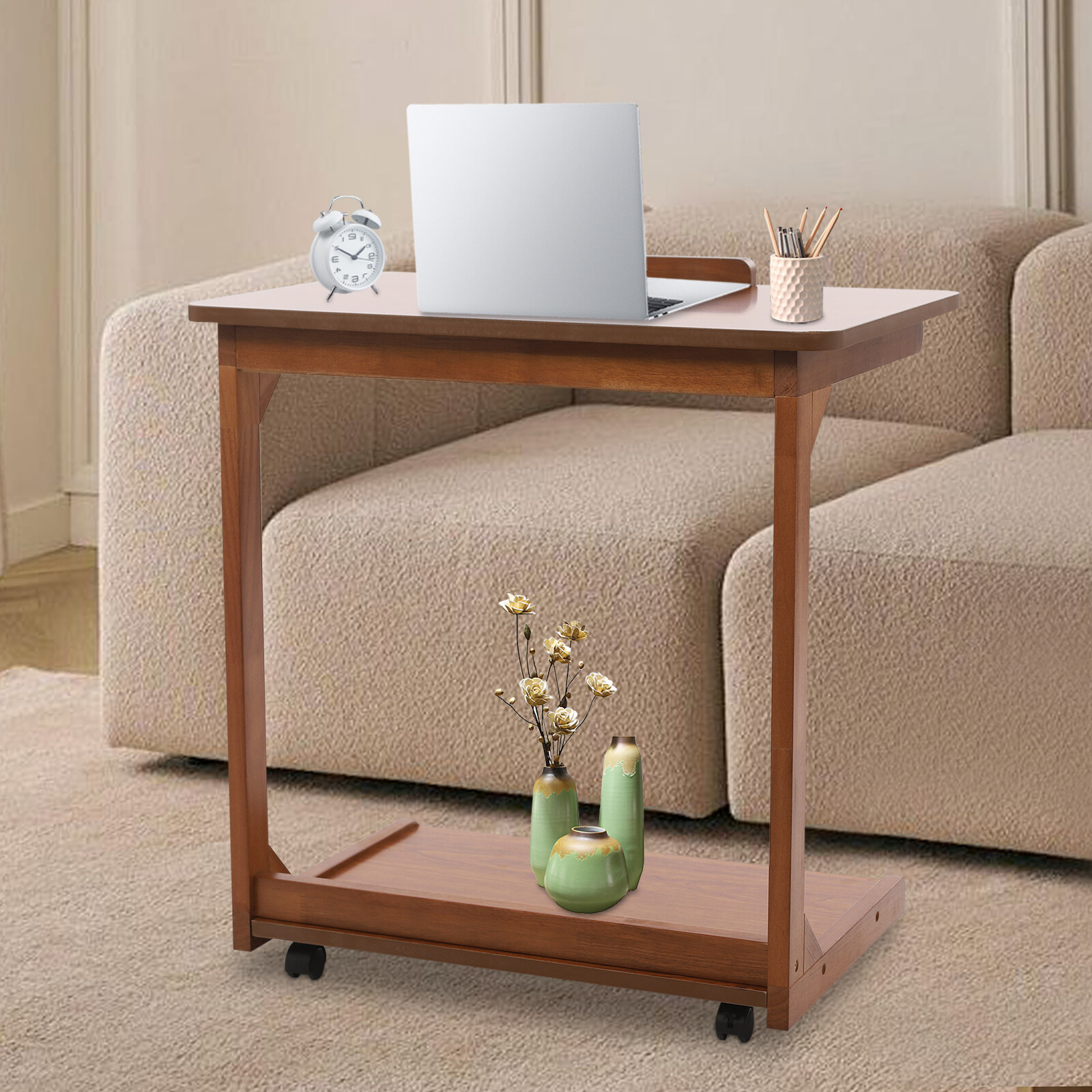 2 Tier C Shaped Table With 4 Wheels Couch Table End Table For Drink & Snack US